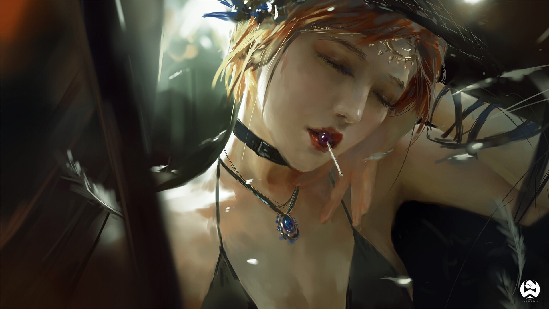 closed eyes, ArtStation, women, lolipop, necklace, drawing, digital art HD Wallpaper
