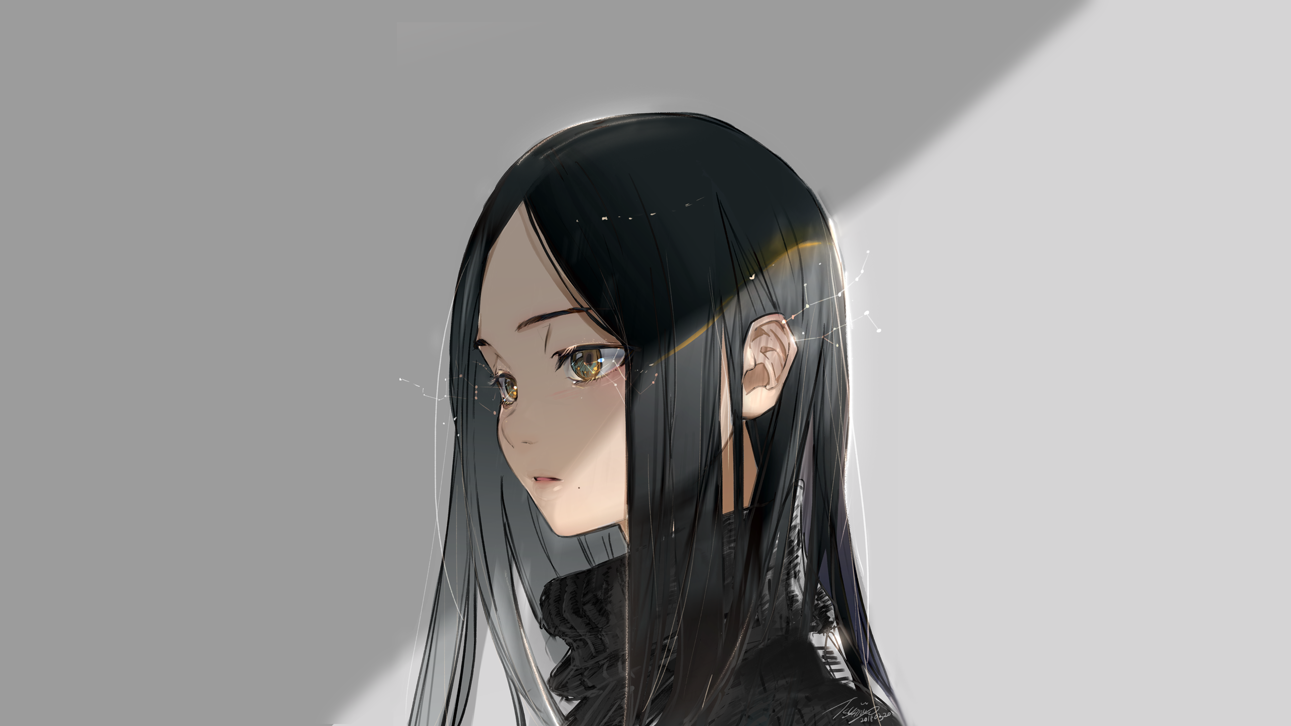 anime, anime girls, sweater, light effects, yellow eyes, looking away, black hair, stars, white background, long hair HD Wallpaper