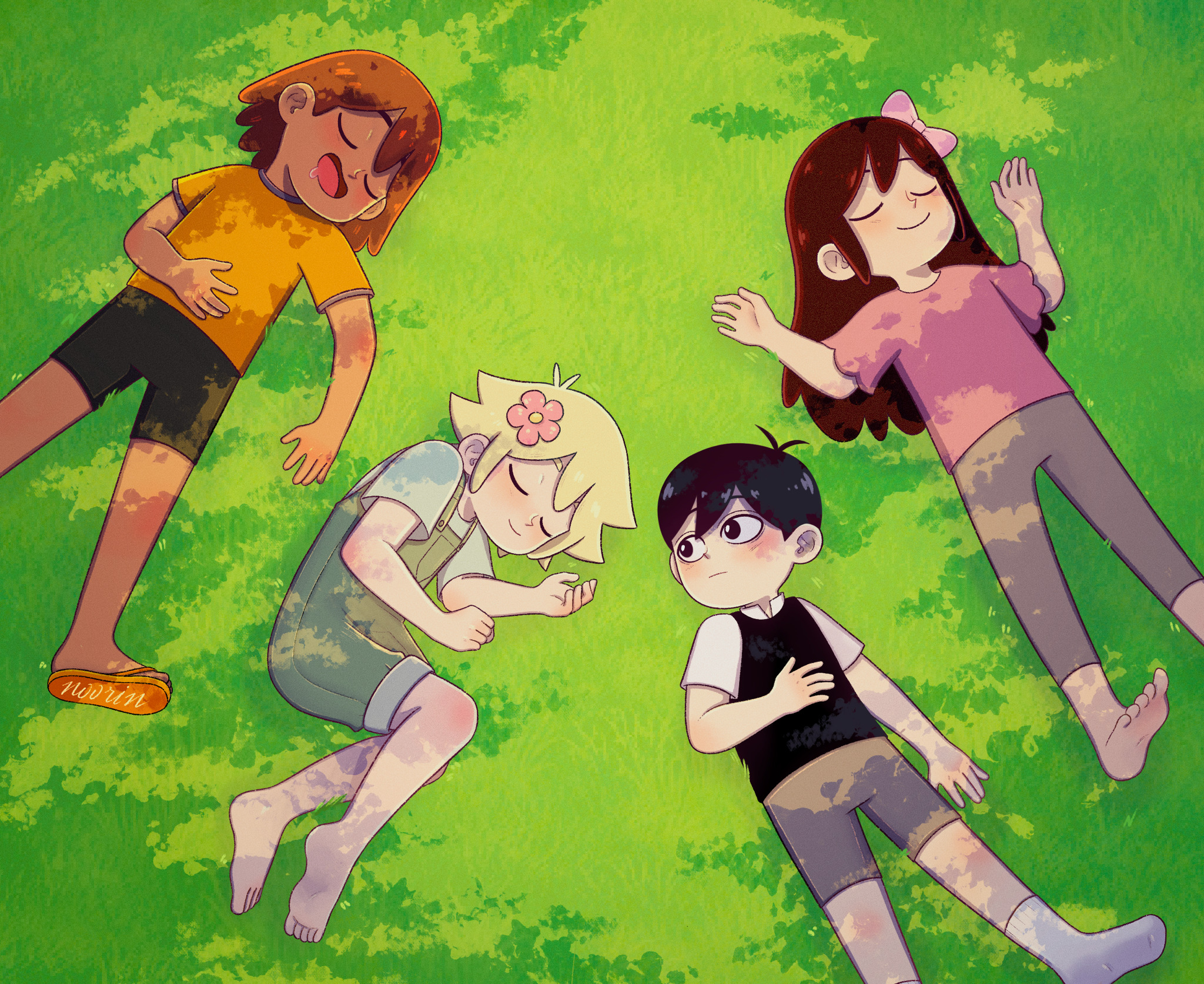 Omori characters lying on grass HD Wallpaper