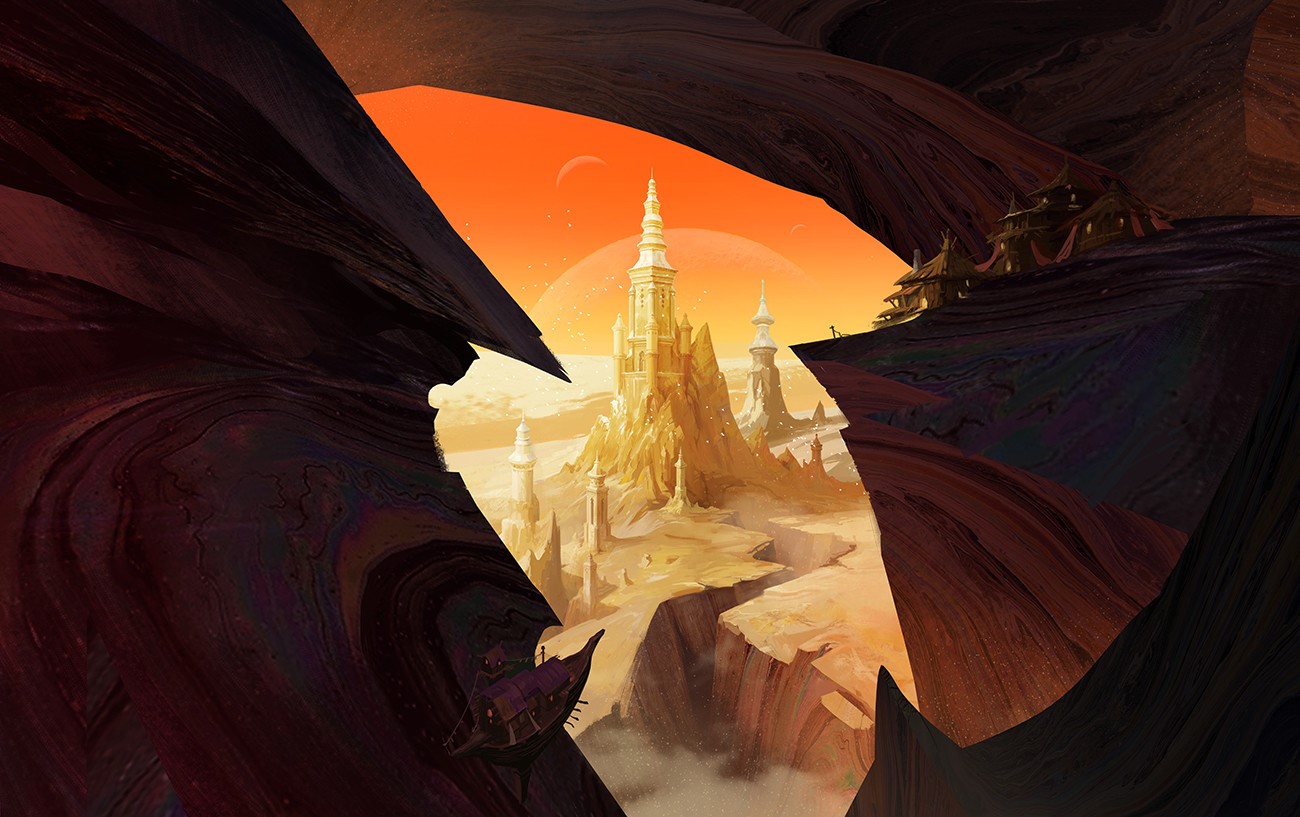 fantasy city, fantasy art, desert, alien world, fantasy architecture, castle, digital art, Avant Choi HD Wallpaper