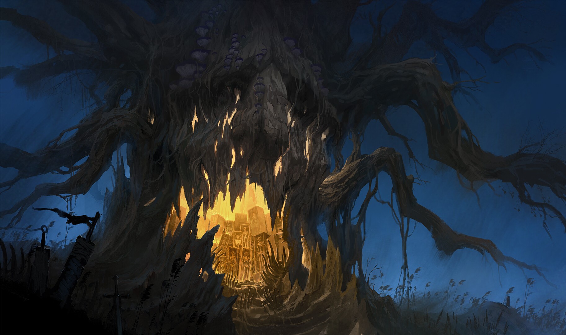 digital art, trees, grave, skeleton, sword, fantasy art, mushroom, Avant Choi HD Wallpaper