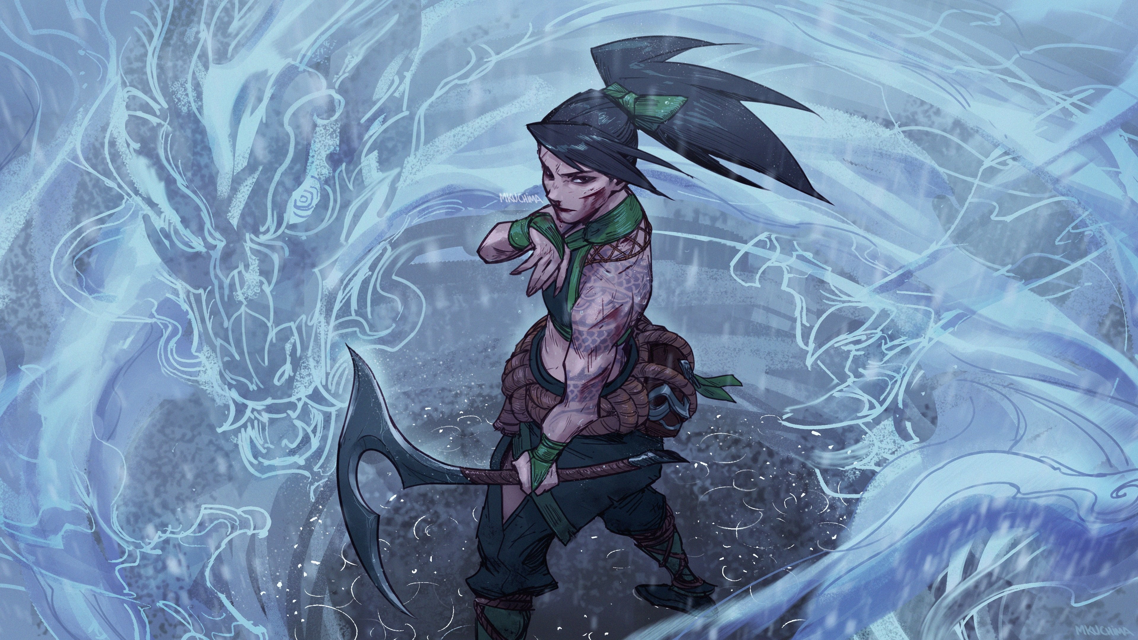 4K, fan art, tattoo, League of Legends, blood, dark hair, MKUCHIMA, purple eyes, Riot Games, illustration, women, artwork, Akali(League of Legends), video game girls, digital art, video game characters, dragon HD Wallpaper