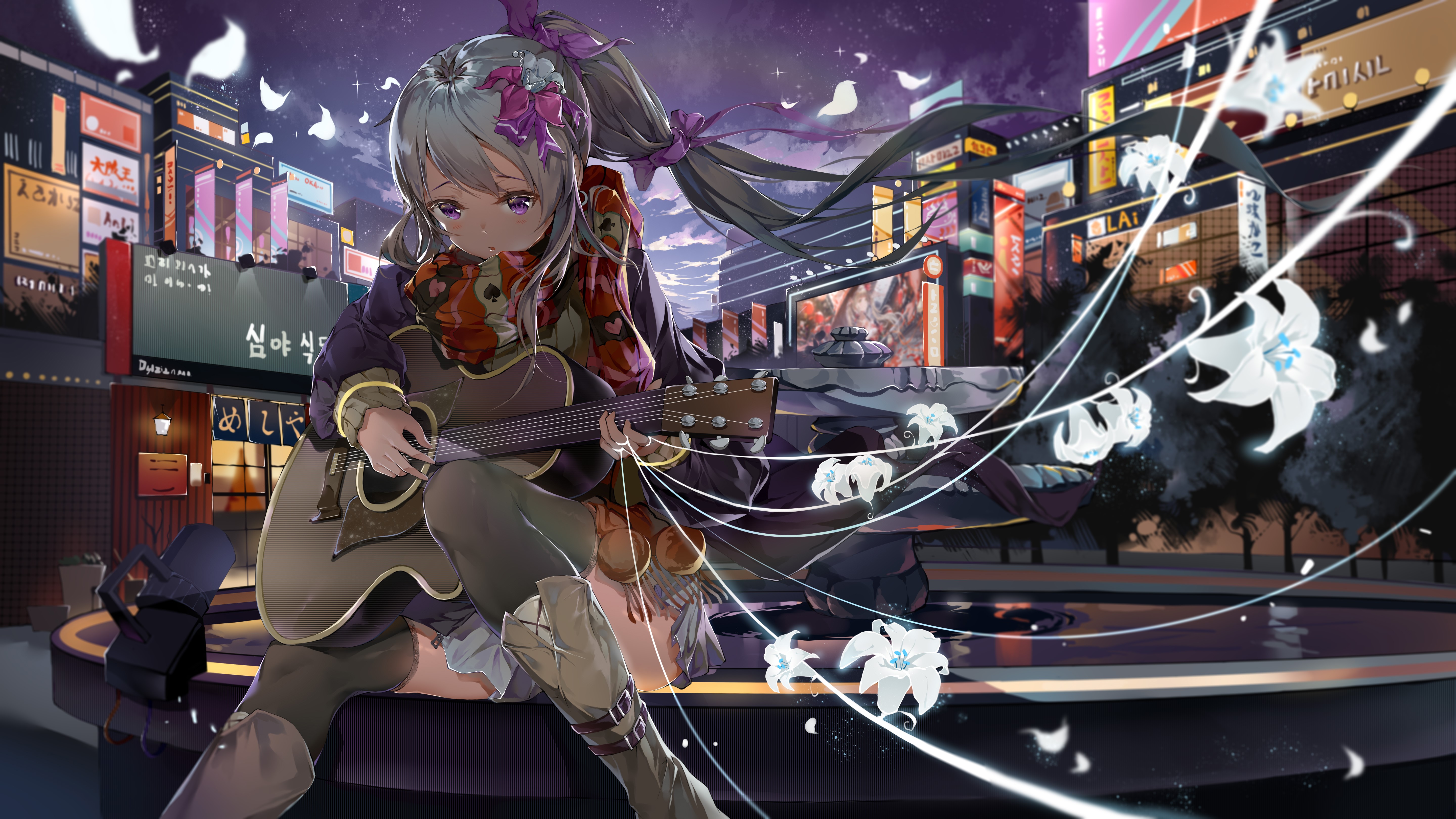 4K, anime girls, anime, guitar, skirt, sitting, Bodhi Wushushenghua HD Wallpaper