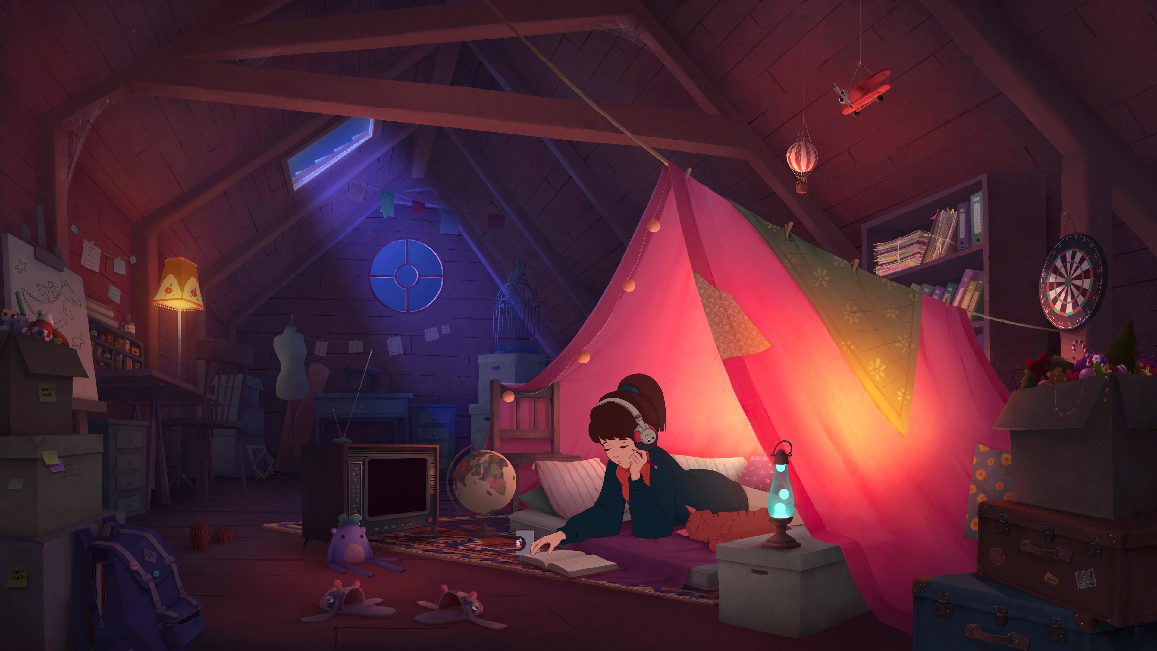 4K LofiGirl Cozy Attic Tent Artwork HD Wallpaper