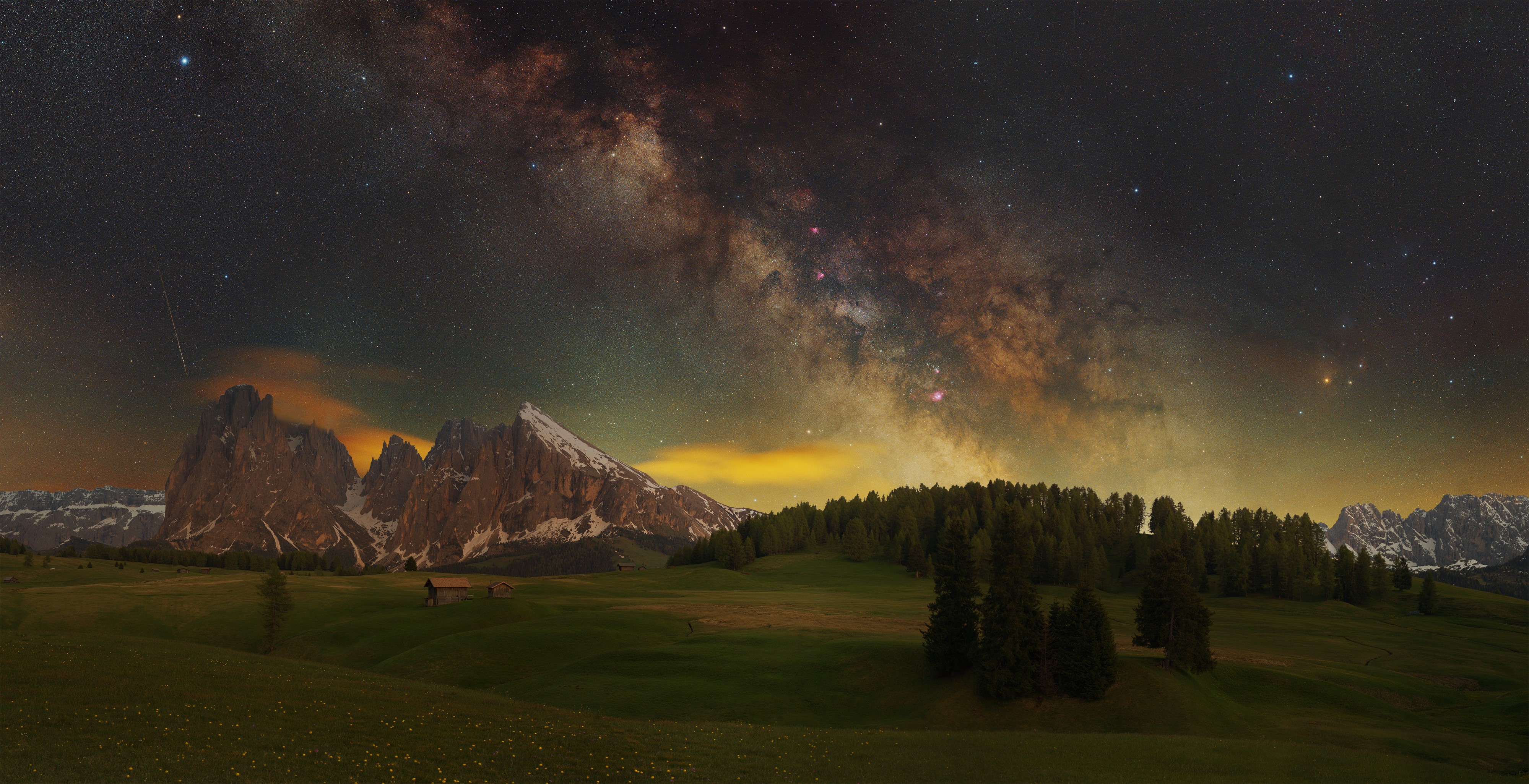 4K, Dolomites (mountains), landscape, Milky Way, trees, nature HD Wallpaper