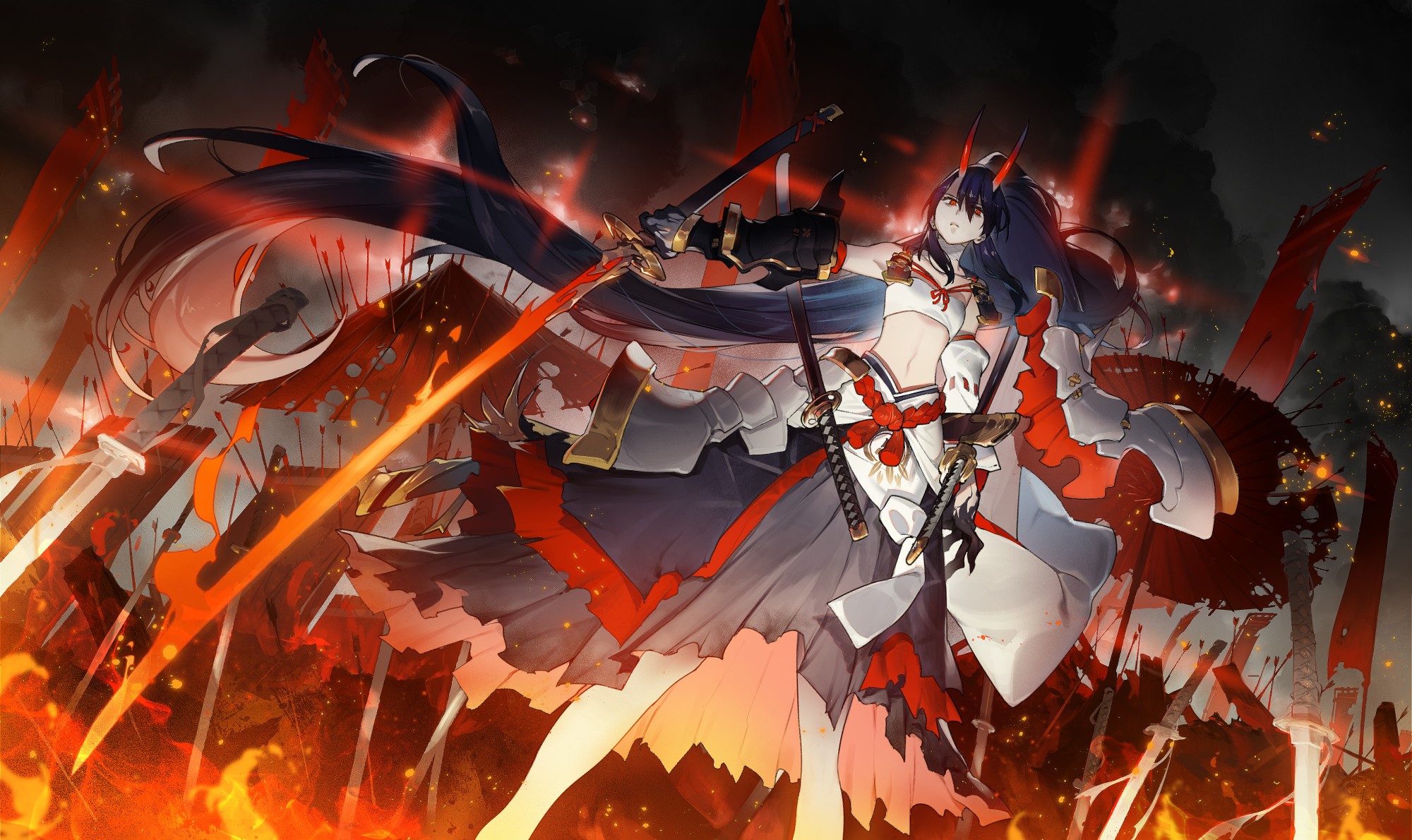 Onmyoji, anime girls, Ryota-H, horns HD Wallpaper