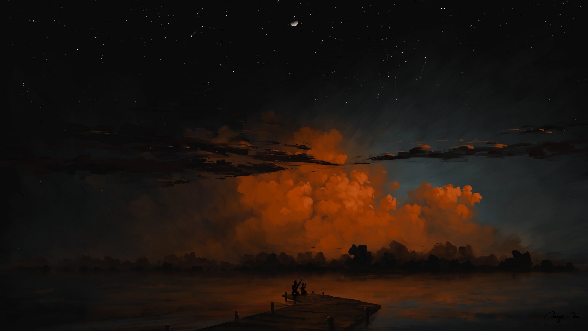 clouds, lake, Moon, landscape, nightscape, couple, sky, BisBiswas, digital painting HD Wallpaper