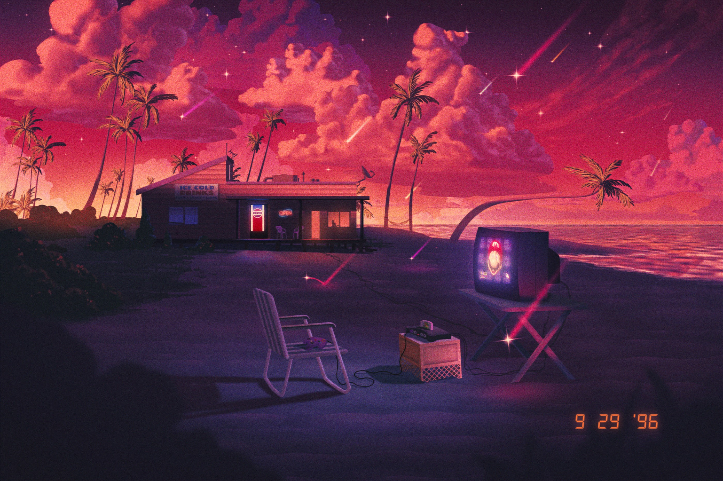sunset, Nintendo 64, Aaron Campbell, beach, palm trees, shooting stars, Pepsi HD Wallpaper