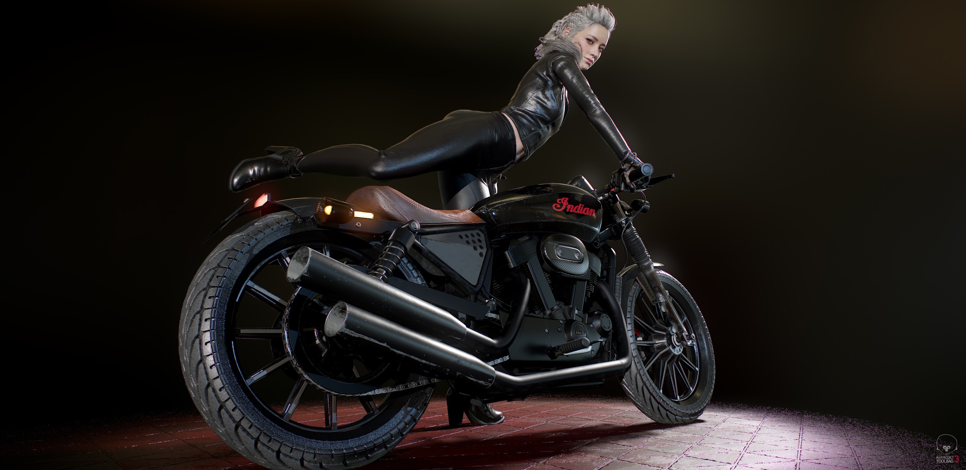 women, CGI, Indian (brand), blonde, motorcycle, black clothing, 3D, artwork, digital art, vehicle, Seungmin Kim, helmet, 3d design HD Wallpaper