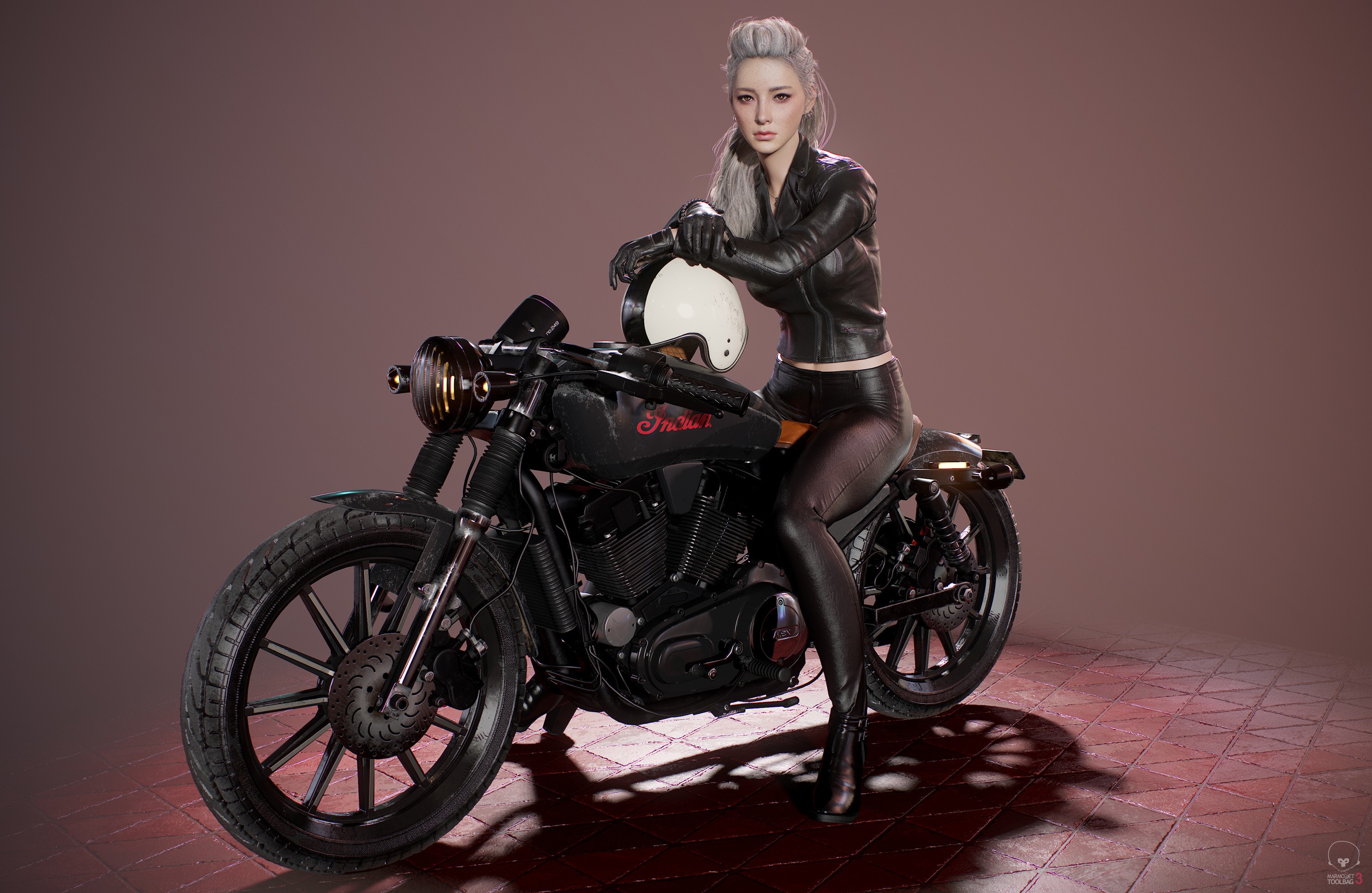 Seungmin Kim, 3d design, vehicle, helmet, blonde, women, black clothing, artwork, Indian (brand), CGI, digital art, 3D, motorcycle HD Wallpaper