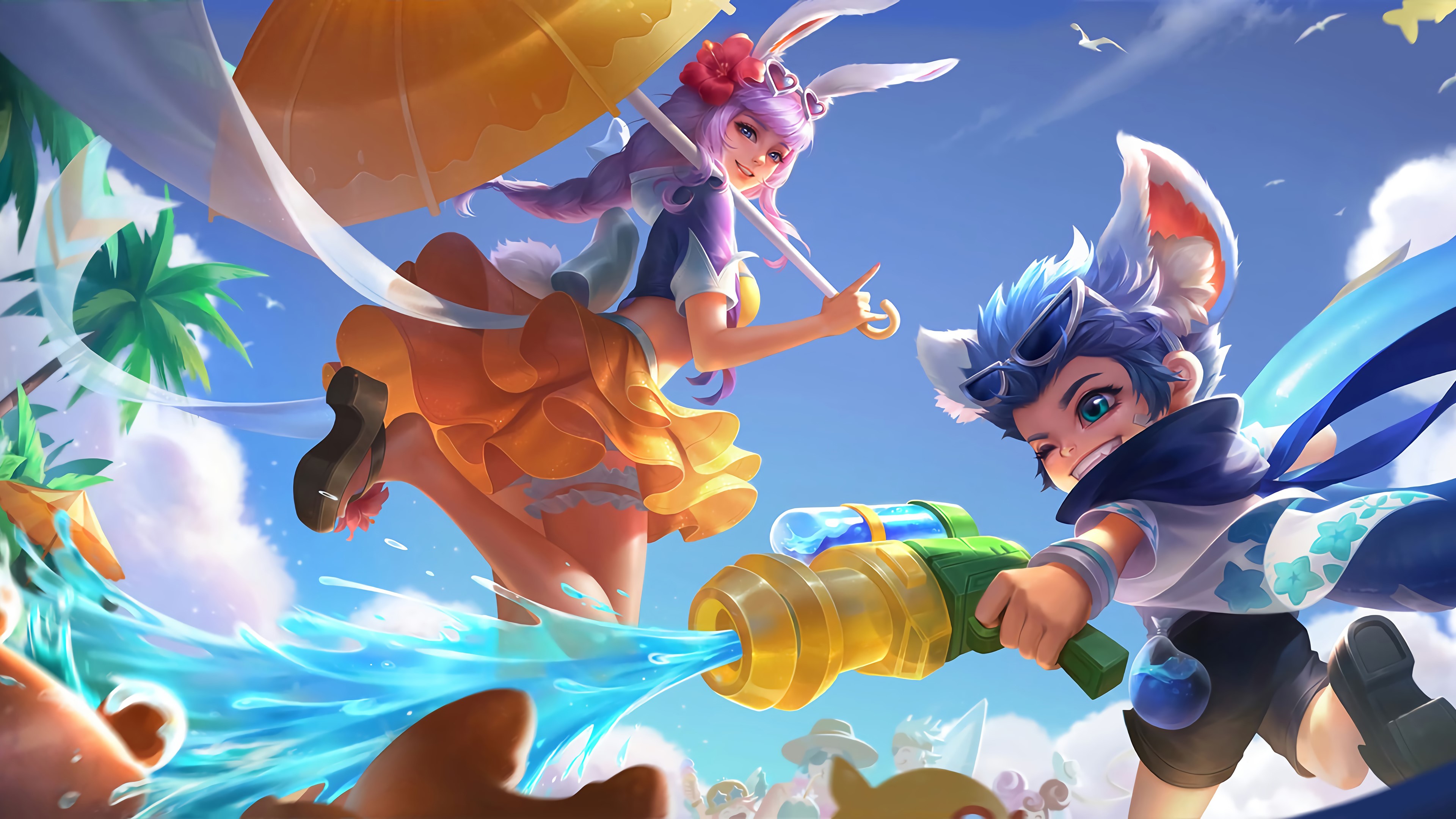 4K, outdoors, bunny ears, women, Game CG, purple hair, umbrella, Honor of Kings, water, women outdoors, flower in hair, women with umbrella HD Wallpaper