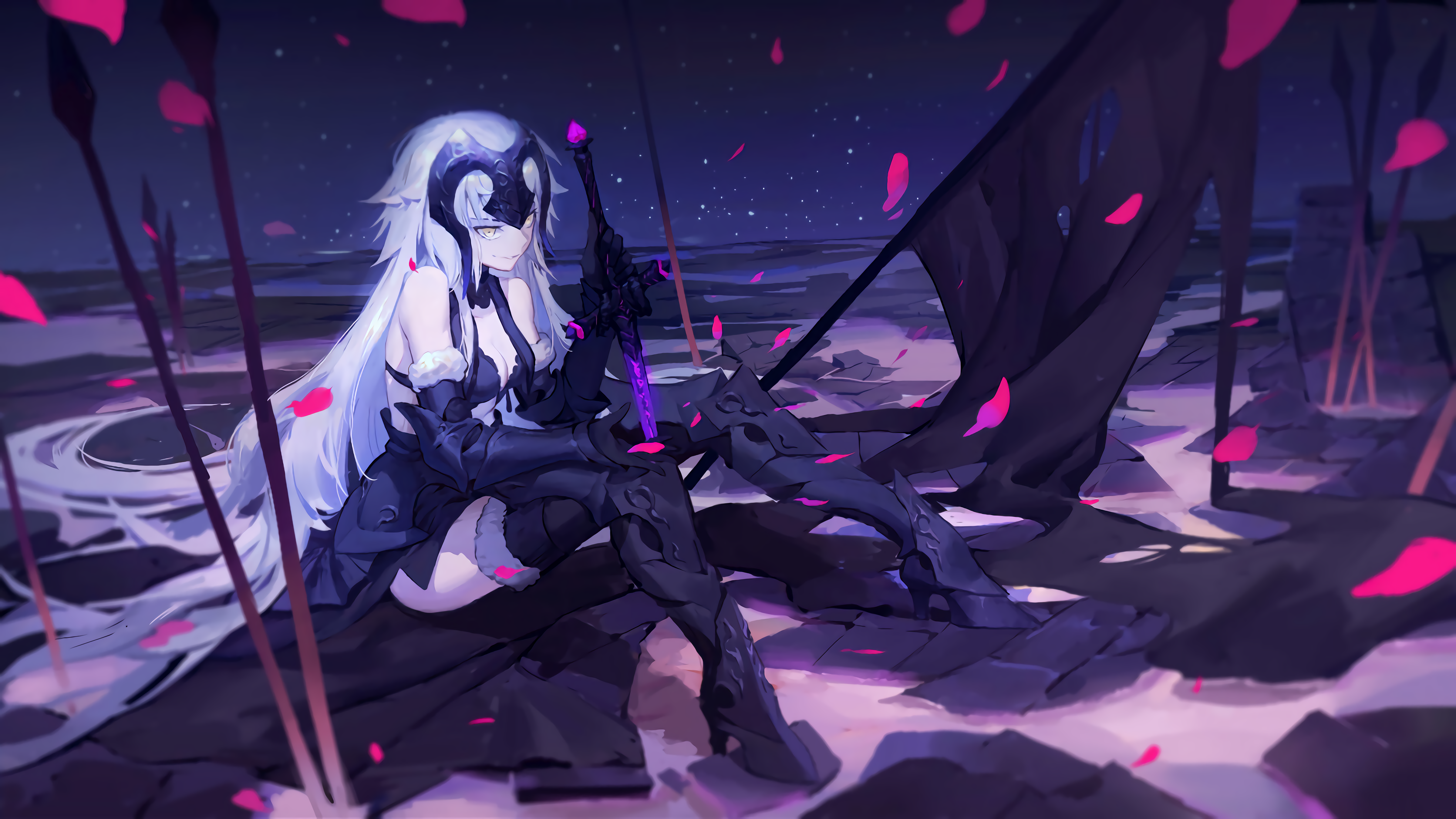 4K, Fate Series, weapon, long hair, Jeanne dArc (Fate), Jeanne (Alter) (Fate/Grand Order), anime girls, armor, artwork, silver hair, Fate/Grand Order, anime, yellow eyes, Gods (artist) HD Wallpaper