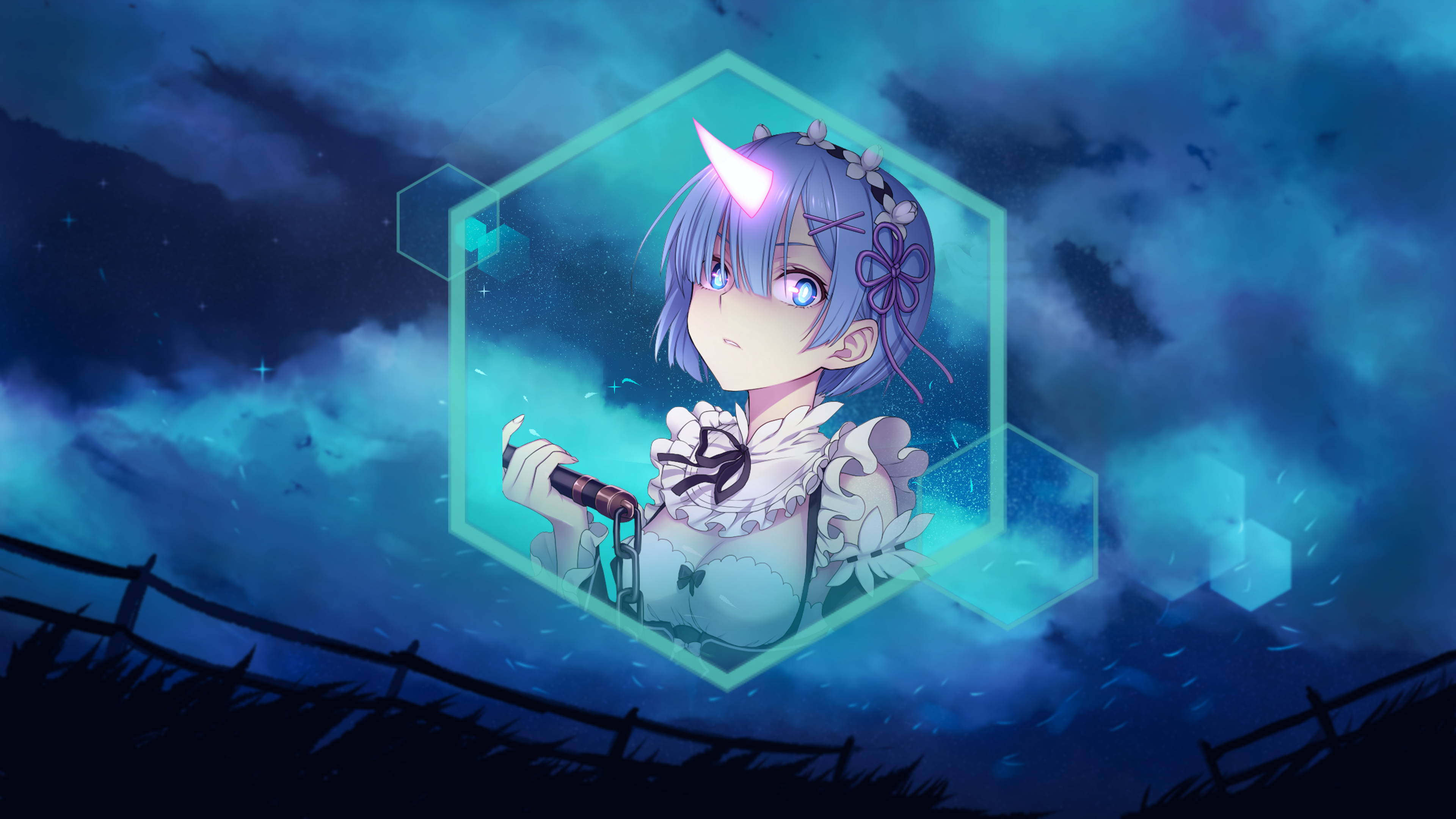 4K, Re:Zero Kara Hajimeru Isekai Seikatsu, night, hexagon, night sky, picture-in-picture, clouds, grass, fence, stars, Rem (Re: Zero) HD Wallpaper