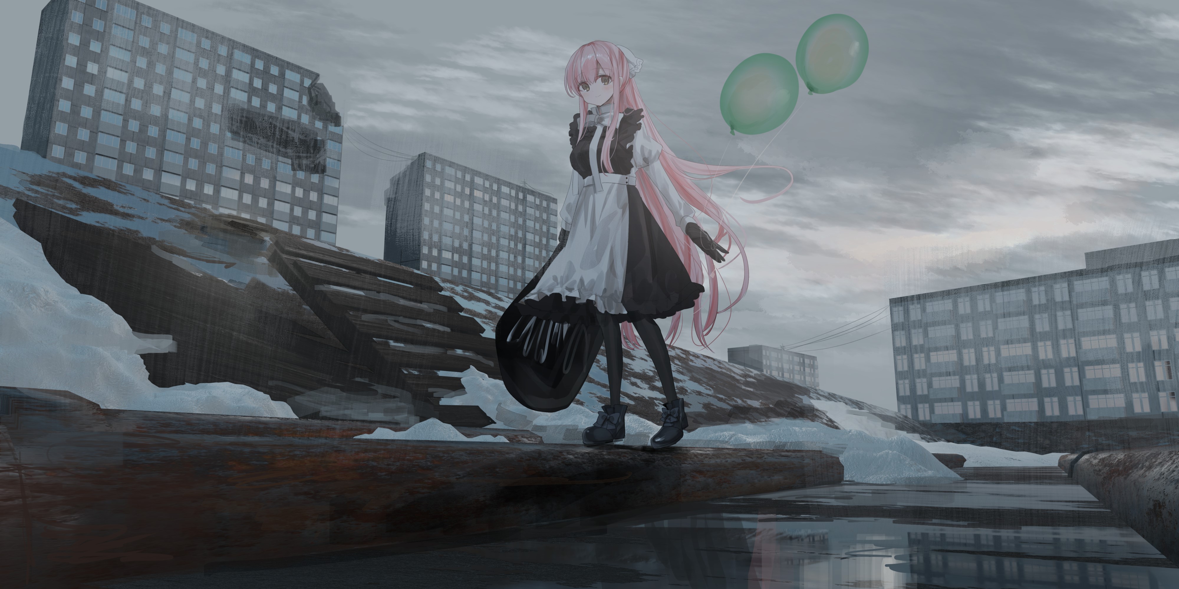 4K, anime, long hair, balloon, pink hair, anime girls, Chihuri 45, original characters HD Wallpaper