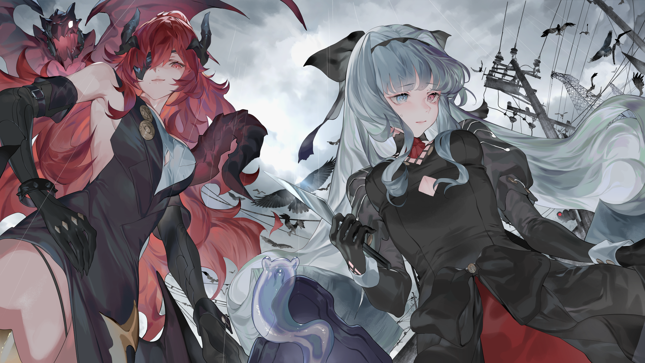 REEH, anime girls, eyepatches, dragon, redhead, horns, Alchemy Stars, anime, heterochromia HD Wallpaper