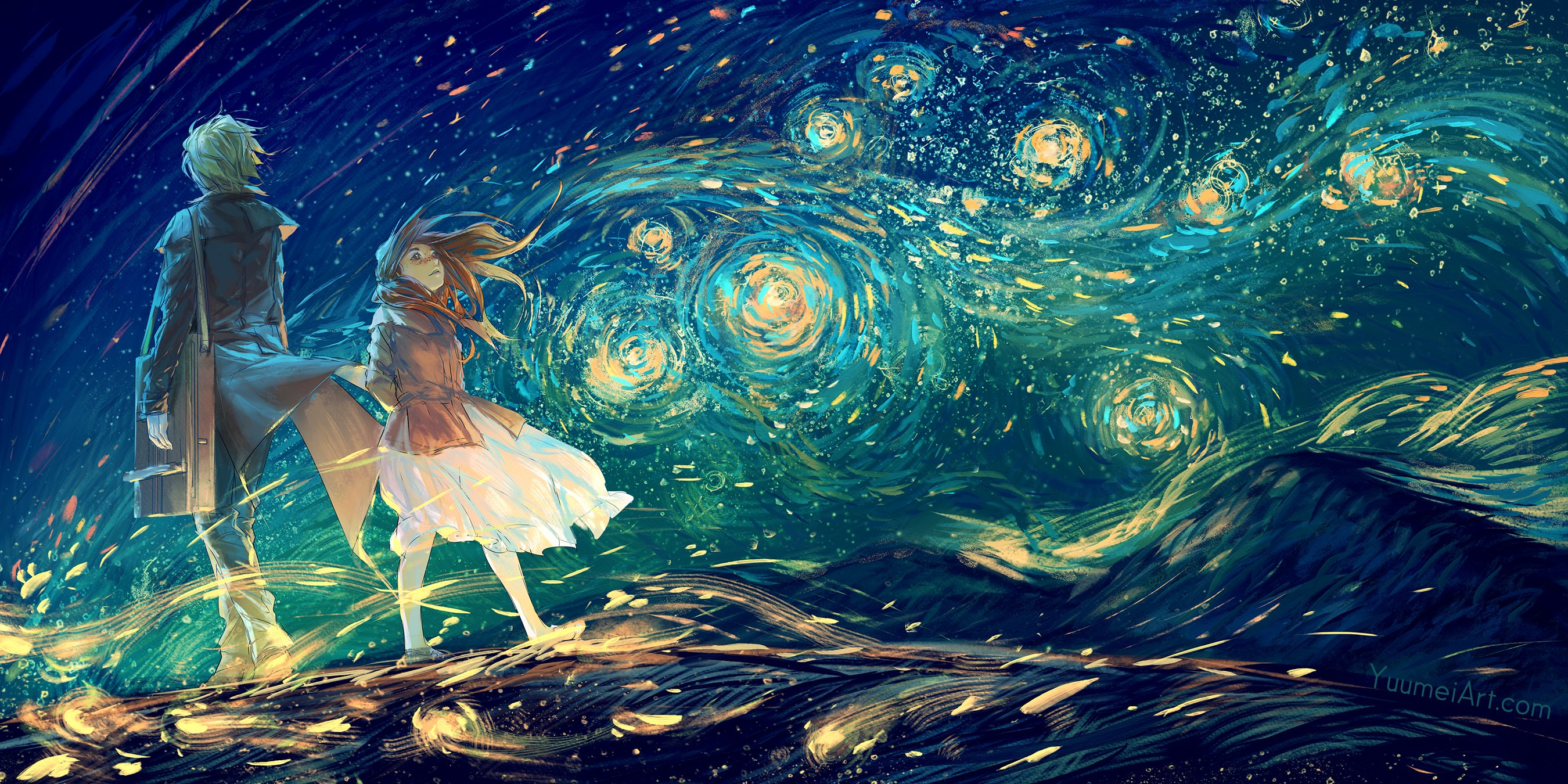 digital art, Yuumei, night, sky, water HD Wallpaper