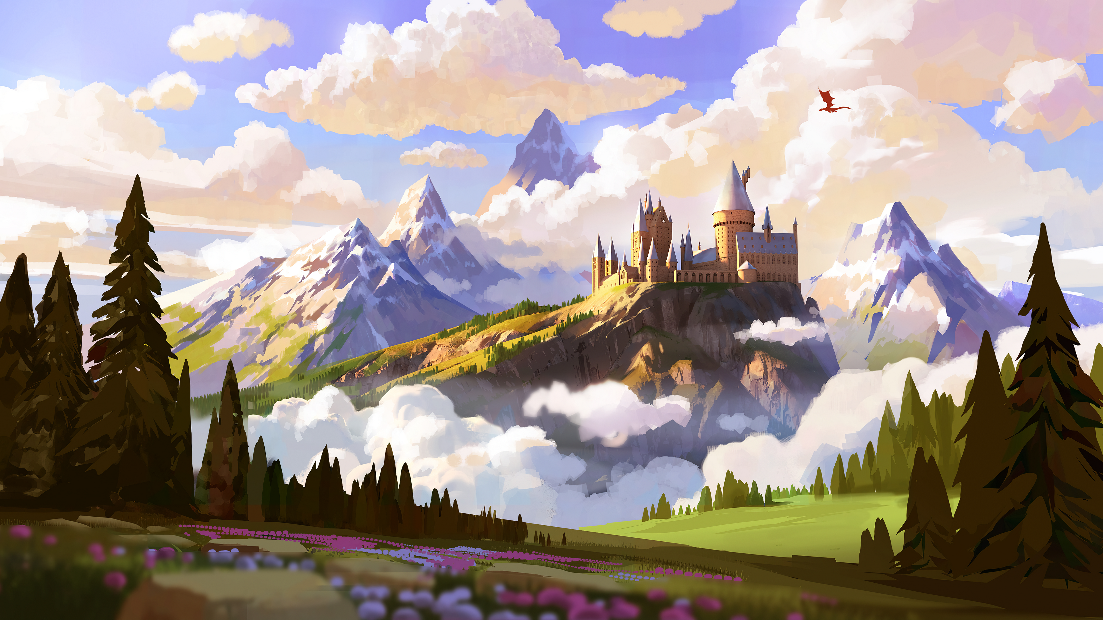 4K, mountains, castle, clouds, digital art, Harry Potter, Hogwarts, trees, fantasy art HD Wallpaper