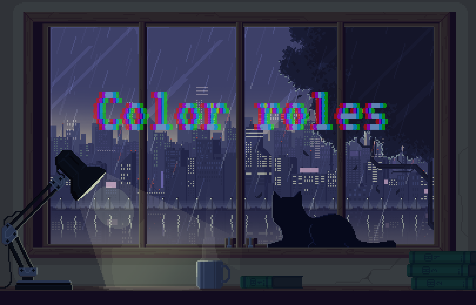 Pixel Art Cat and Rainy Cityscape with Desk Lamp HD Wallpaper