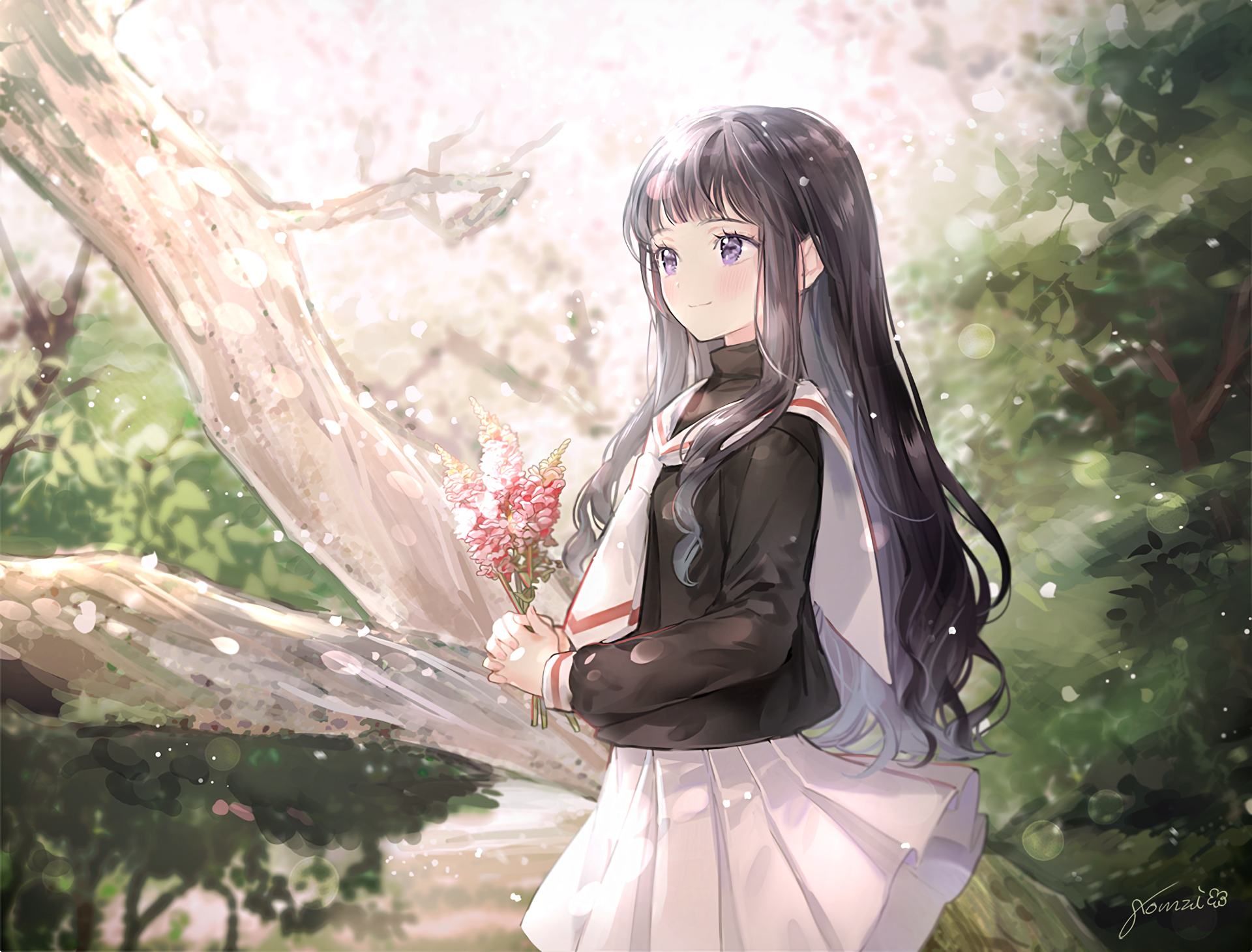 anime girls, Gomzi, school uniform, artwork, dark hair, Cardcaptor Sakura, Tomoyo Daidouji, purple eyes, anime HD Wallpaper