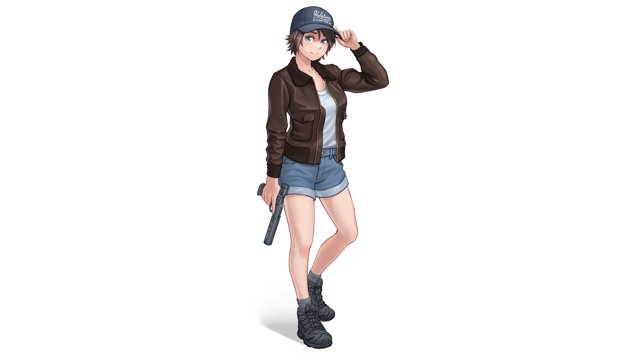 gun, jacket, hat, shorts, KZM, original characters, brunette HD Wallpaper