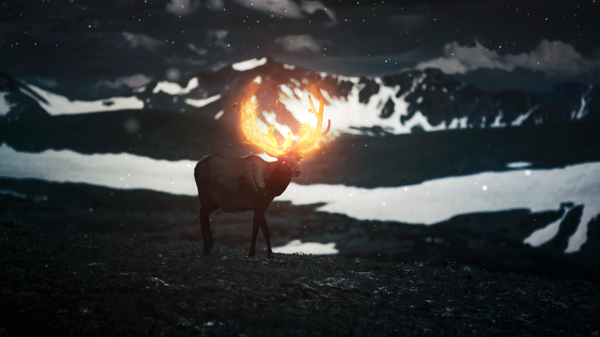 digital, stags, glowing, rocks, horns, snow HD Wallpaper