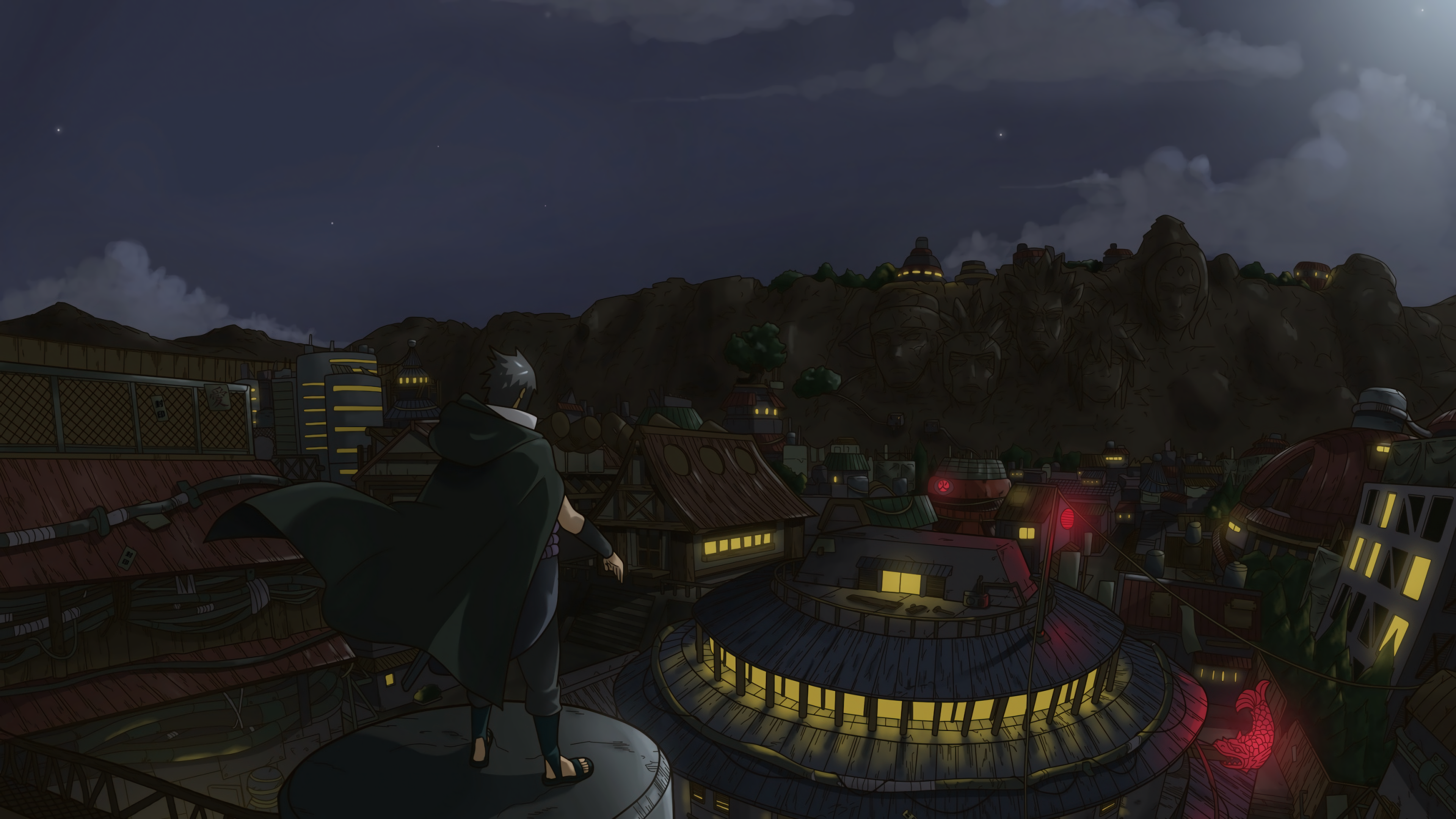 4K, night, Uchiha Sasuke, Naruto Shippuuden, Naruto (anime), Konoha, village HD Wallpaper