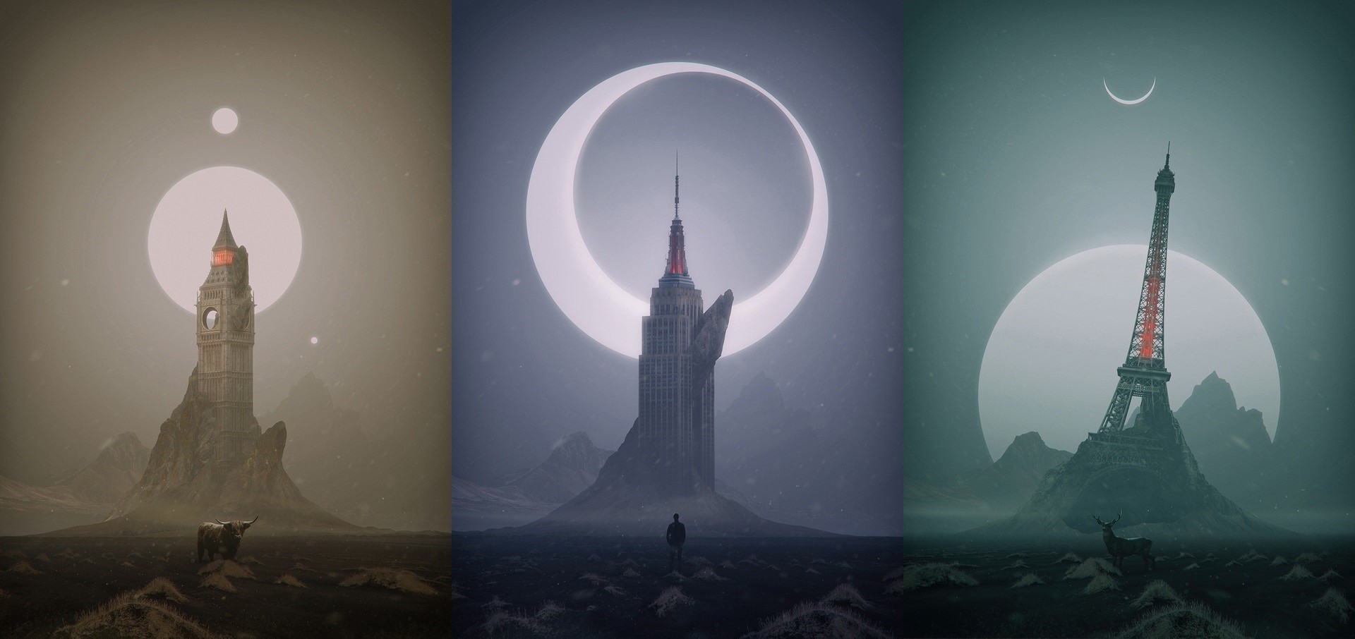 artwork, architecture, Big Ben, Eiffel Tower, Empire State Building, fantasy art, post apocalypse, tower HD Wallpaper