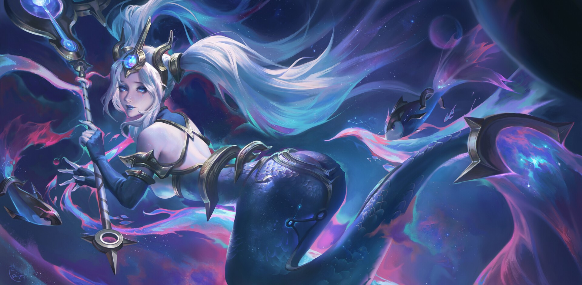 creature, mermaids, long hair, blue hair, fish, fantasy art, blue eyes, staff, blue lipstick, looking at viewer, fantasy girl HD Wallpaper