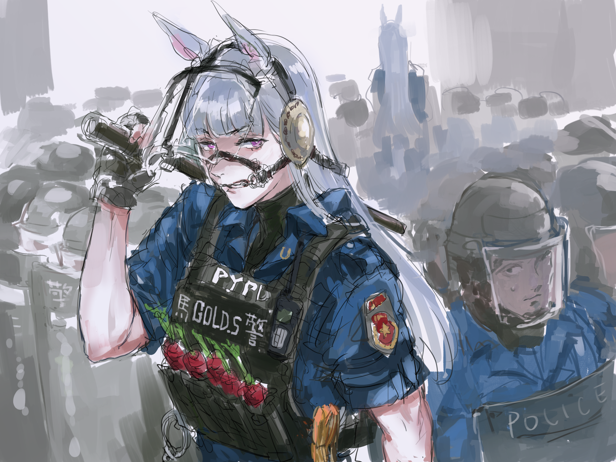 fan art, mask, artwork, purple eyes, fingerless gloves, silver hair, looking at viewer, clenched teeth, alternate costume, biceps, Gold Ship (Uma Musume), turtlenecks, anime girls, Uma Musume Pretty Derby, long hair, sweatdrop, 2D, animal ears, handcuffs, police, carrots, police women, horse girls, parted lips, anime, blunt bangs, sketches HD Wallpaper
