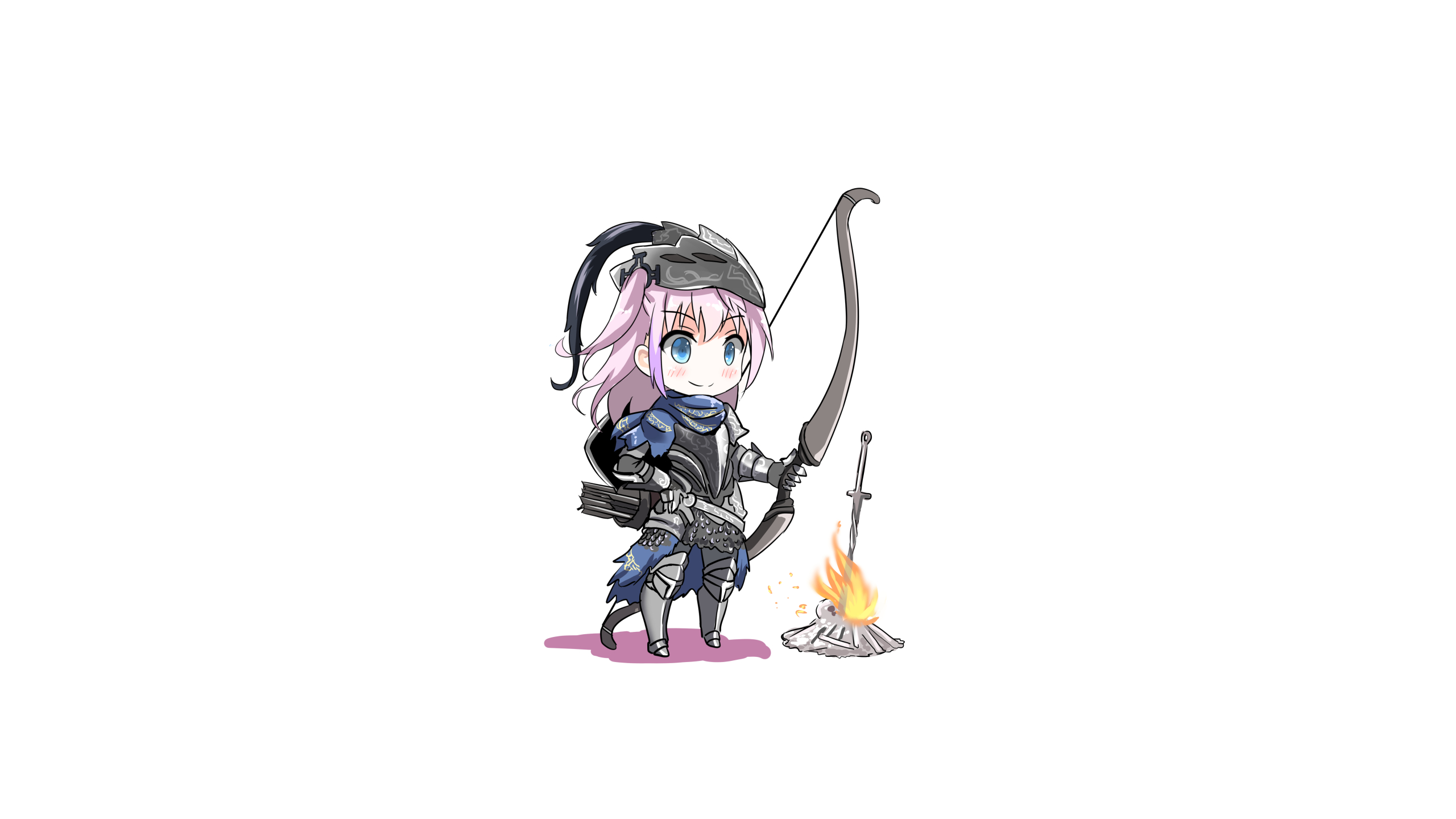 Fatkewell, Artorias the Abysswalker, bonfire, bow, pink hair, AR15 (Girls Frontline), Dark Souls, chibi HD Wallpaper