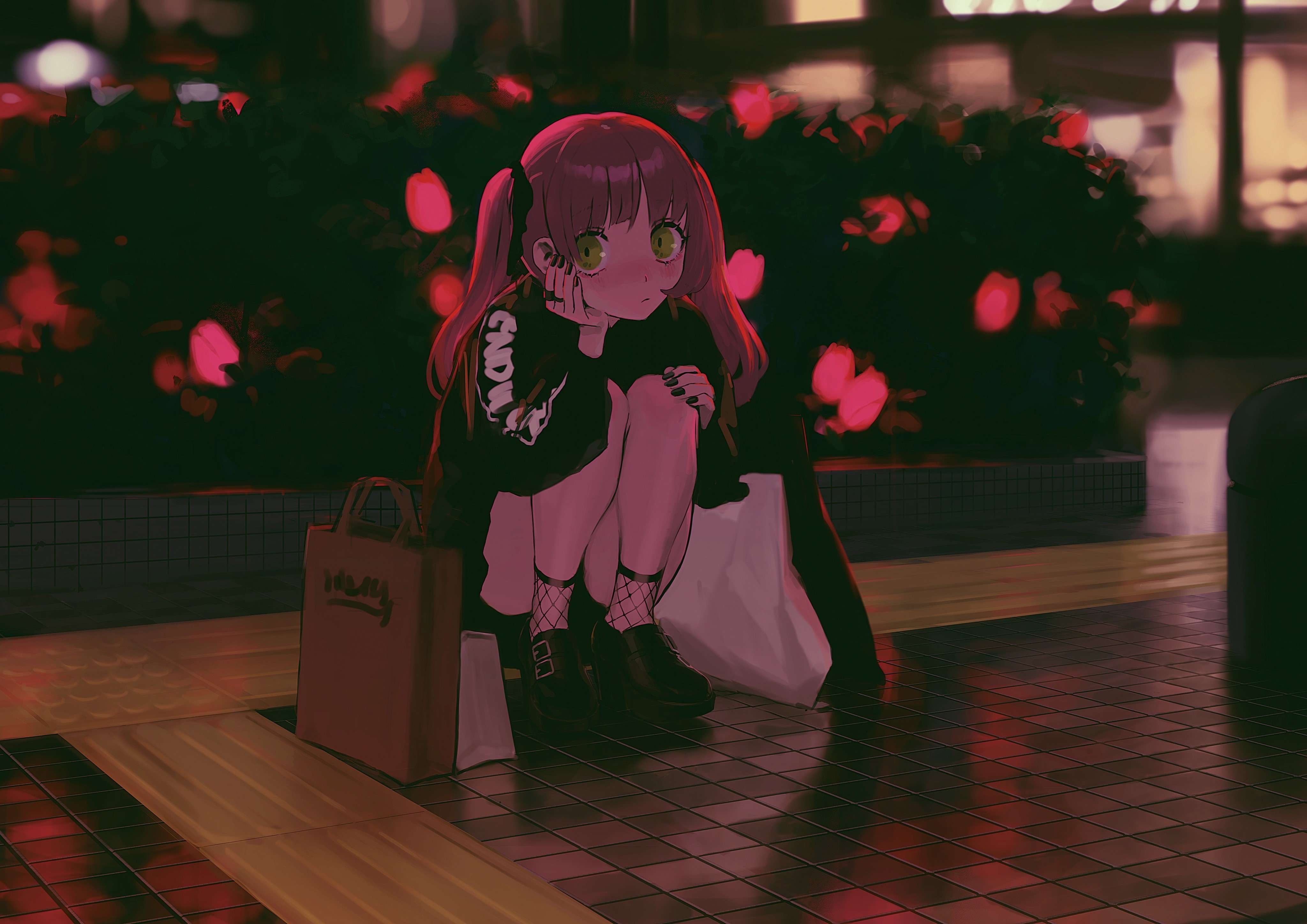 4K, thighs, 2D, night, blunt bangs, green eyes, gothic lolita, anime girls, redhead, kneeling, embarrassed, twintails, original characters, long hair HD Wallpaper