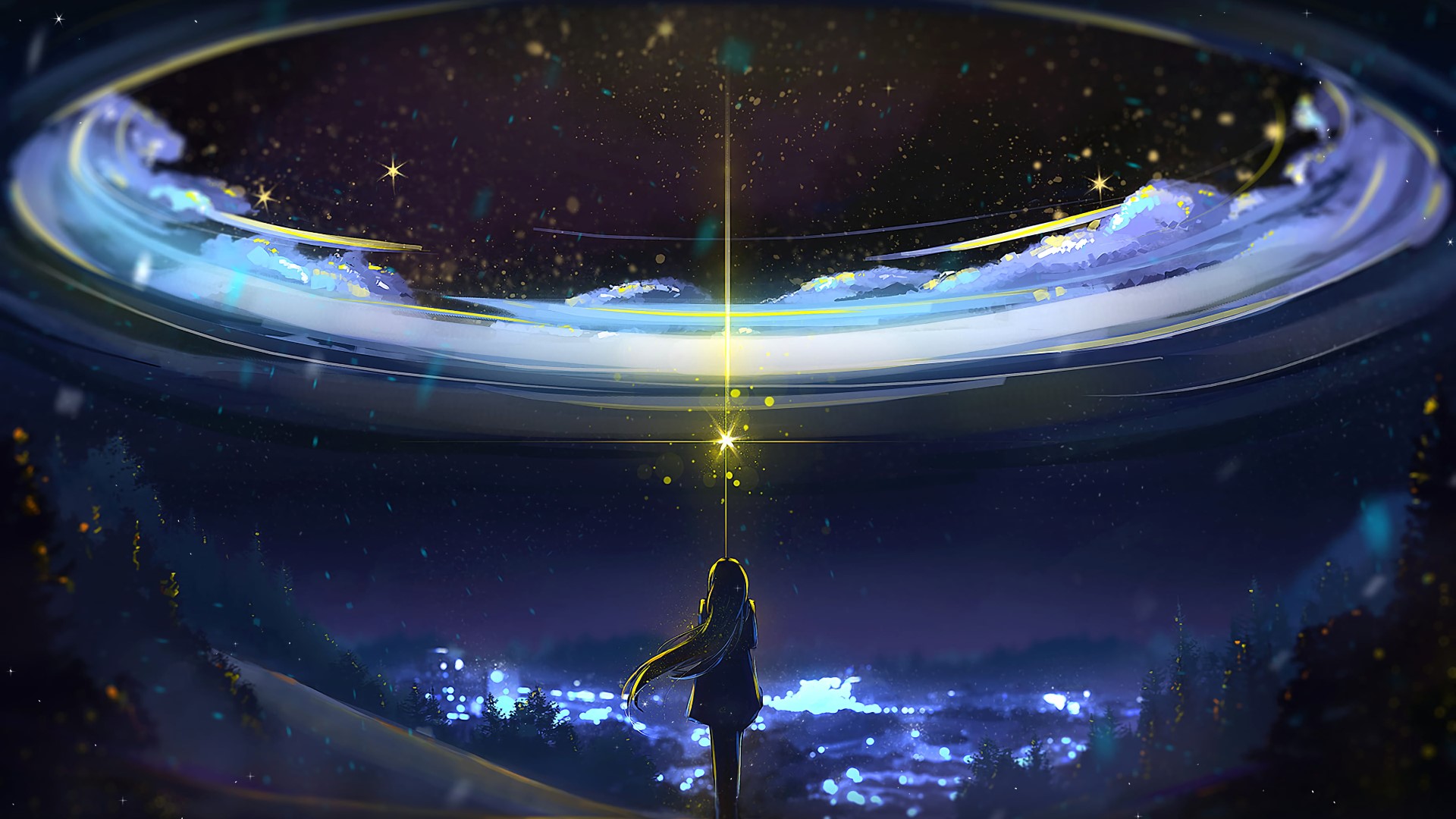 night, sky, digital, anime girls, artwork HD Wallpaper
