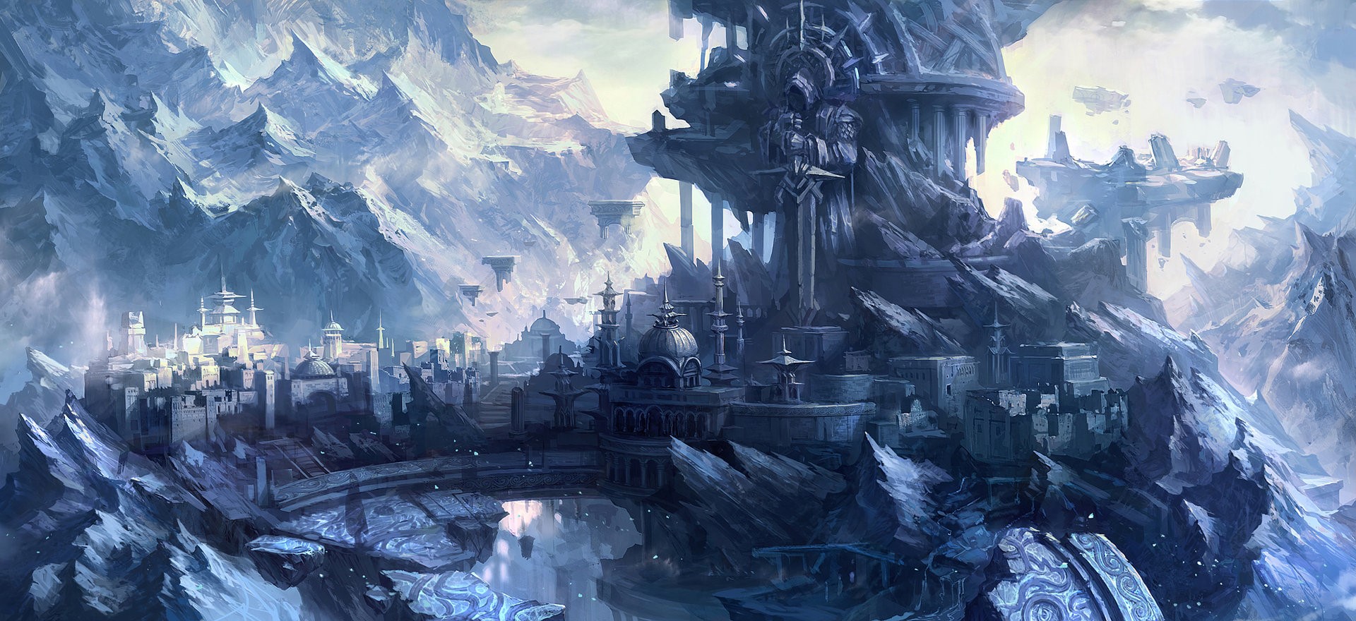 fantasy art, mountains, fantasy city, monochrome, Jun Dong Li, digital art HD Wallpaper