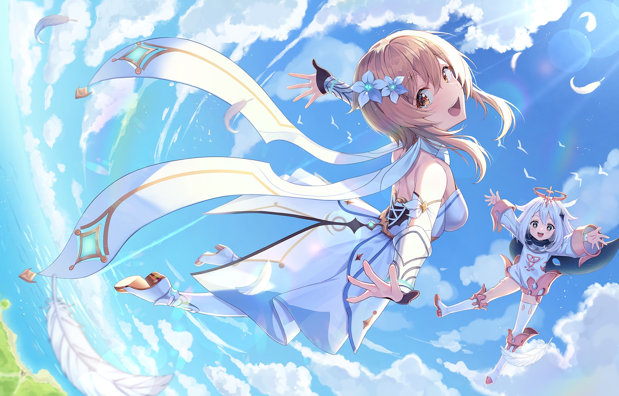 Paimon(Genshin Impact), Genshin Impact, white dress, flying, anime girls, silver hair, blonde, Lumine (Genshin Impact), Pine1230_ HD Wallpaper