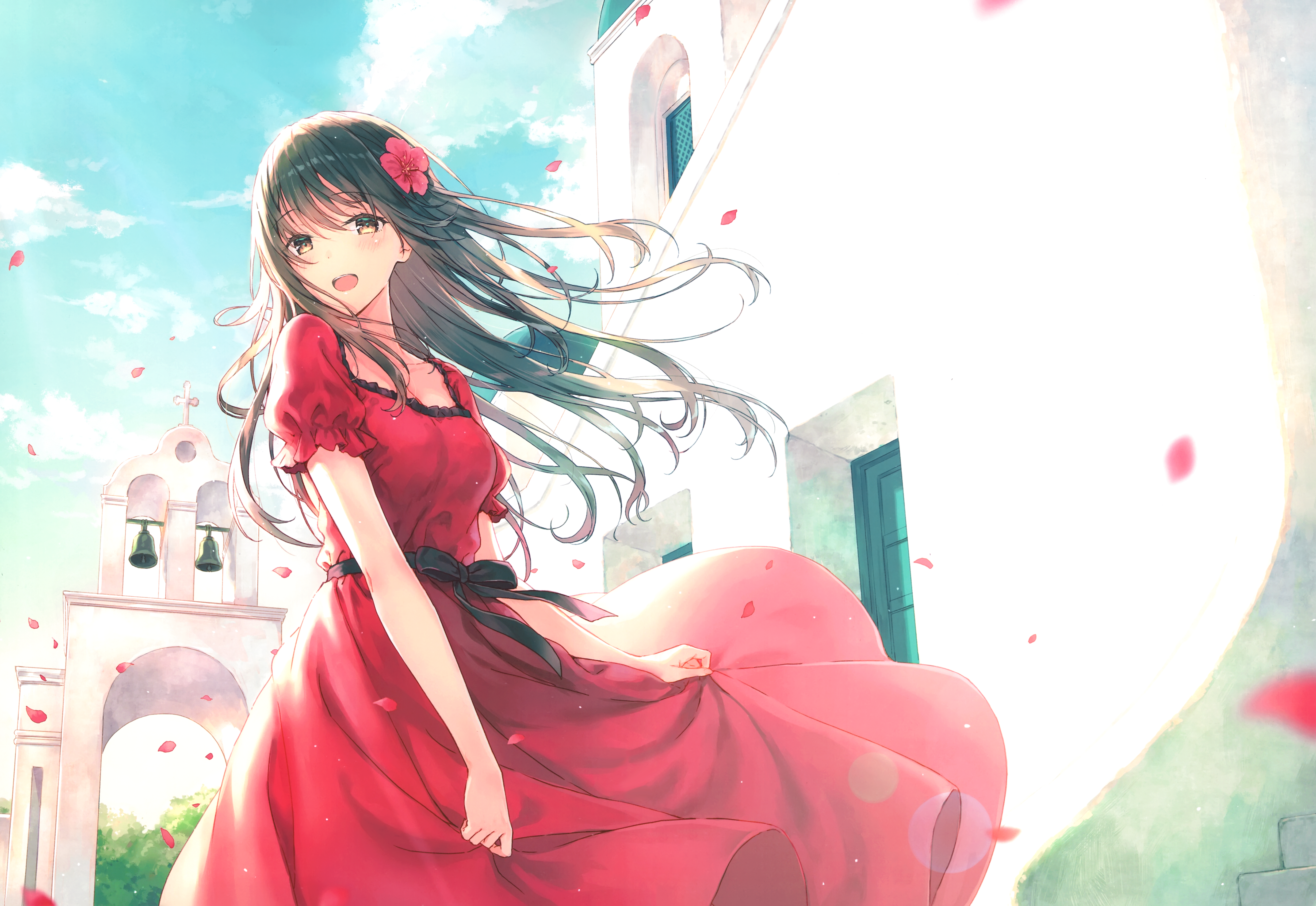4K, anime, petals, brunette, artwork, Hiten, long hair, brown eyes, anime girls, red dress, dress HD Wallpaper