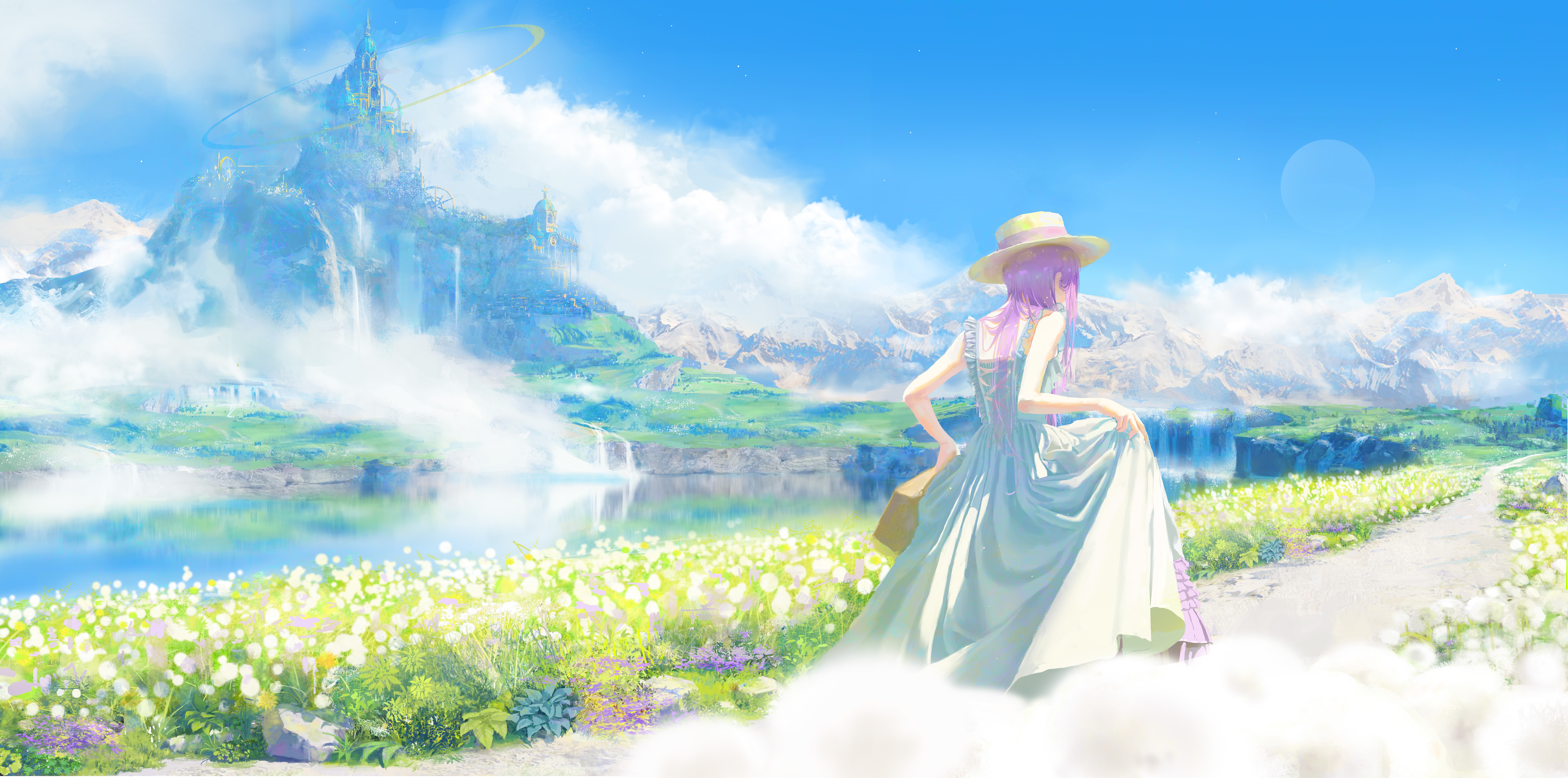 4K, anime girls, dress, landscape, clouds, sky, original characters, mountains, lake HD Wallpaper