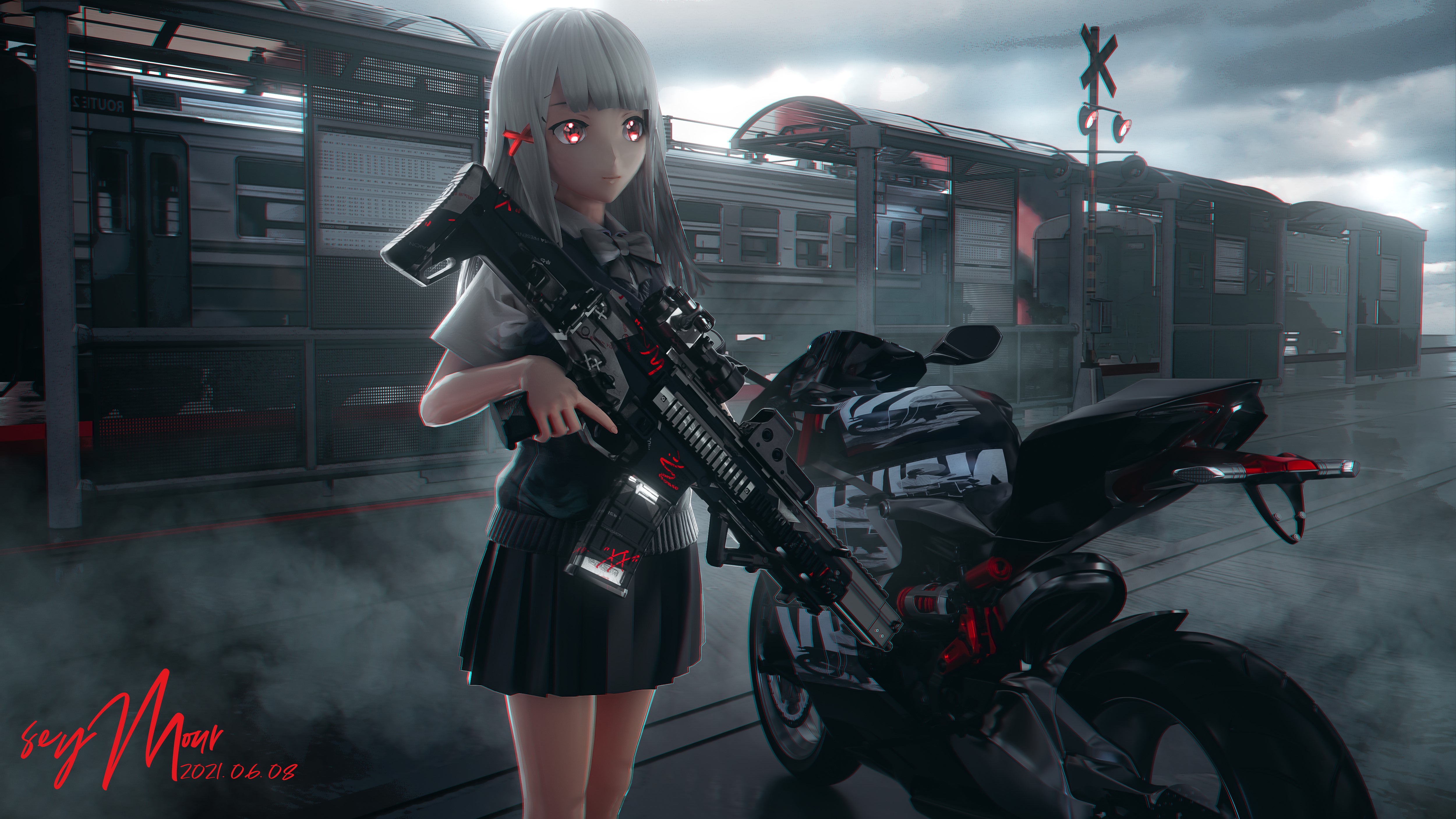 4K, anime girls, motorcycle, gun, Seymour, anime HD Wallpaper