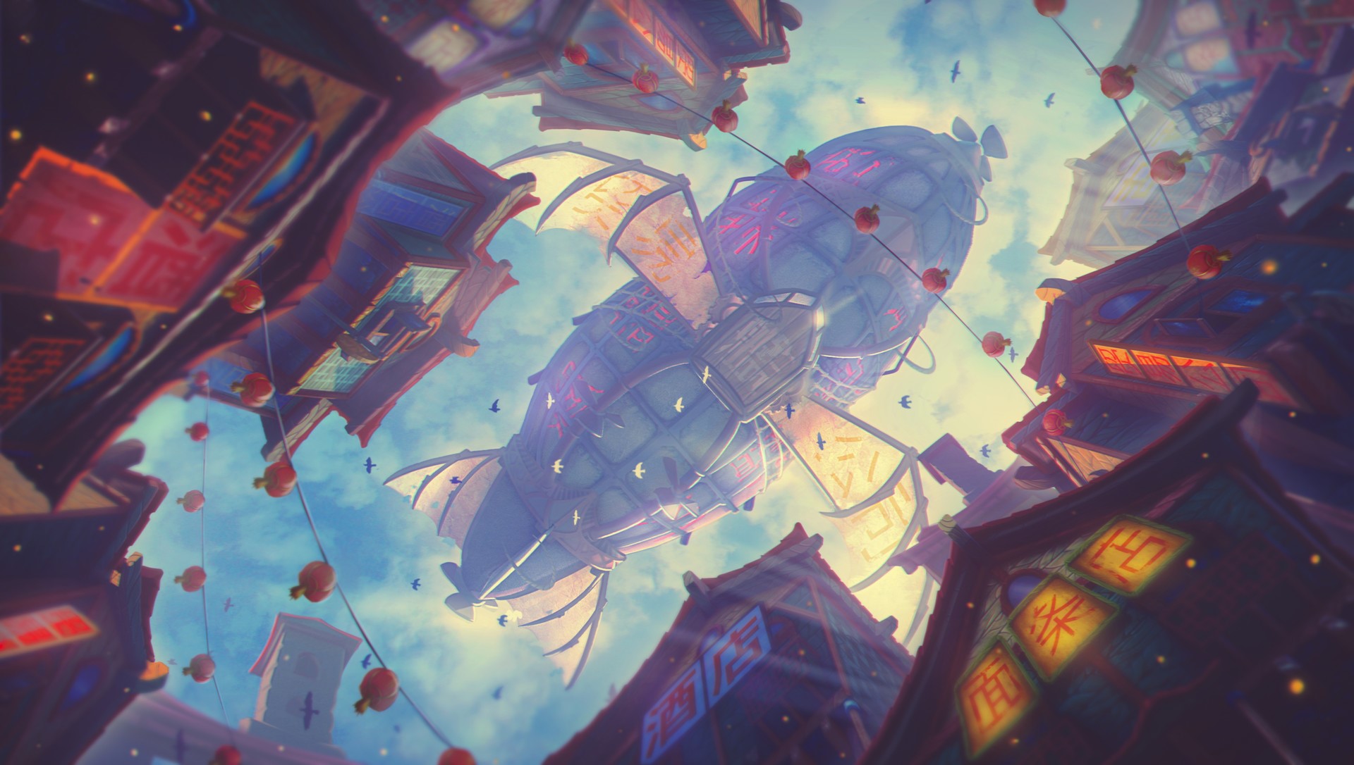 Sergey Shevtsov, fantasy art, Asian architecture, airships, digital art, looking up HD Wallpaper