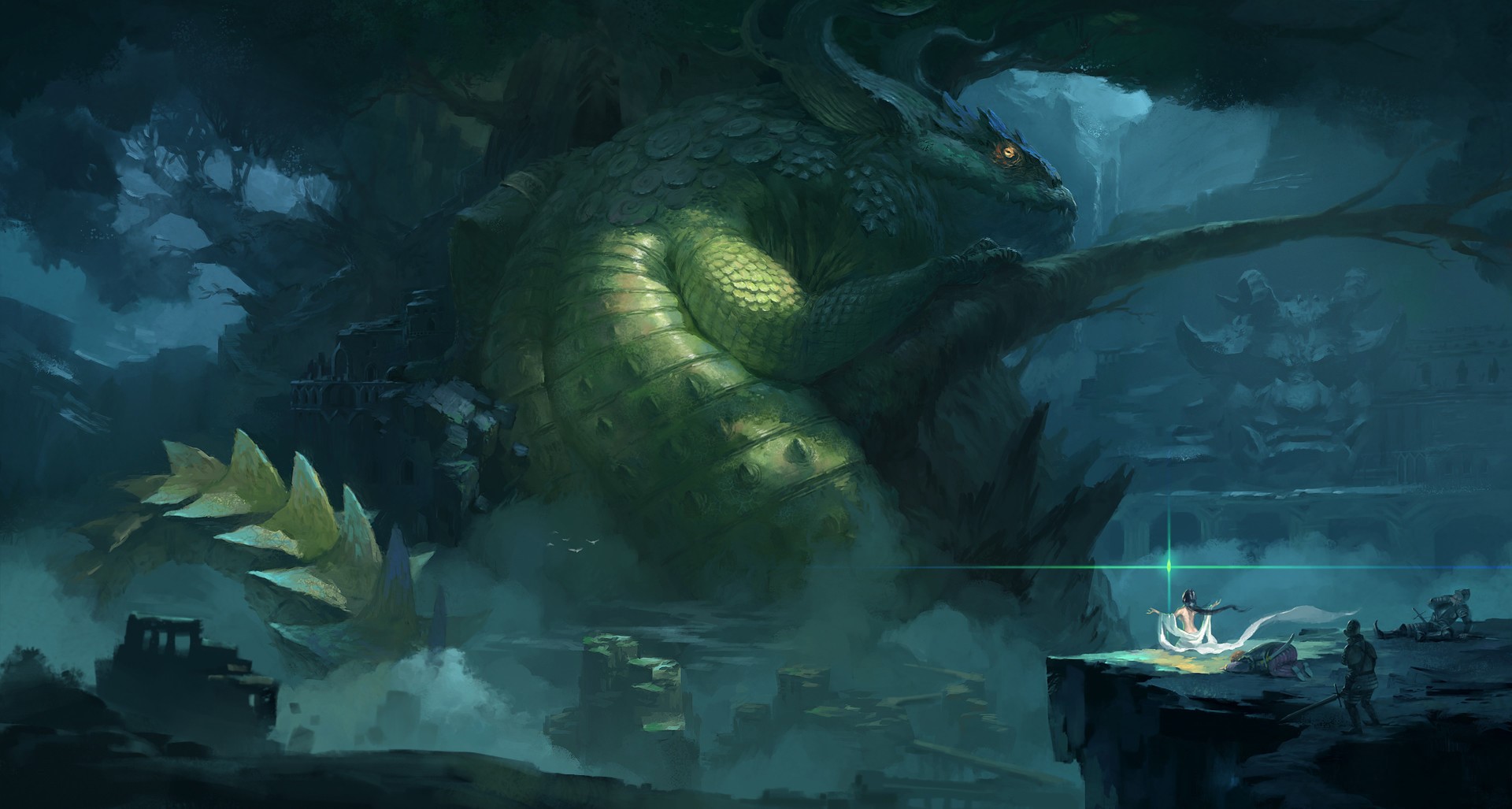 Yiming Nie, dragon, fantasy art, ruin, digital art, creature HD Wallpaper