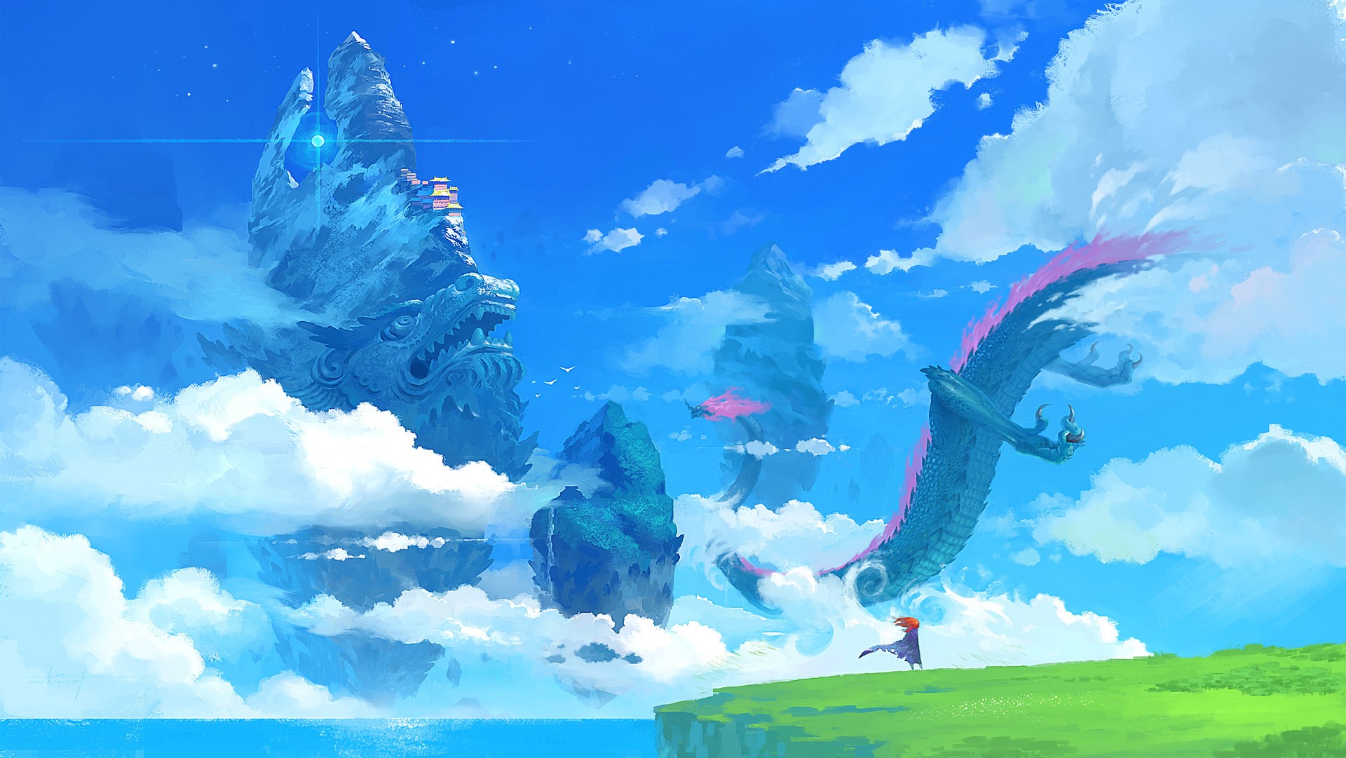 Yiming Nie, fantasy art, Asian architecture, dragon, digital art, clouds HD Wallpaper