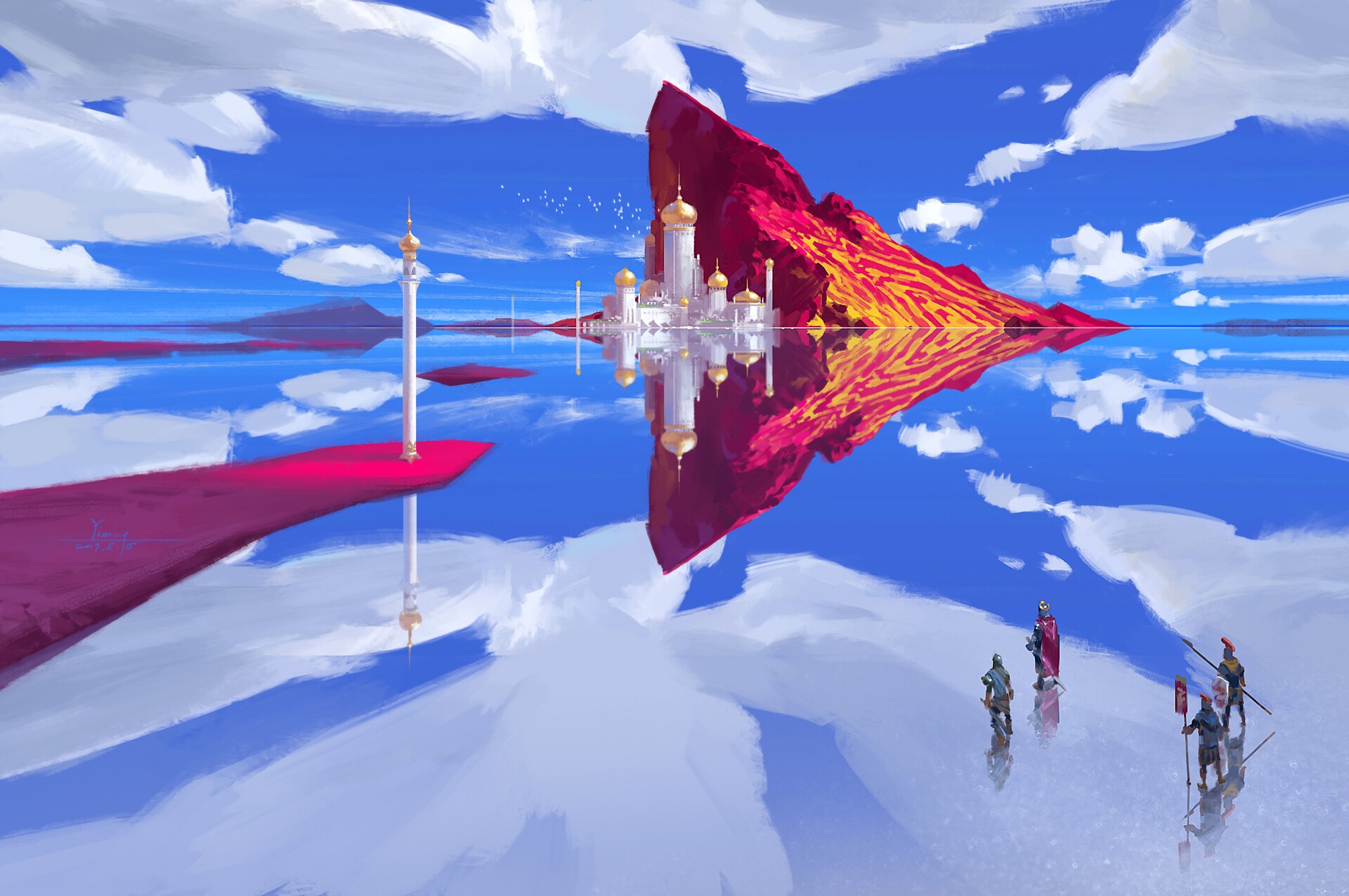 fantasy city, reflection, Yiming Nie, fantasy art, Indian Architecture, digital art HD Wallpaper