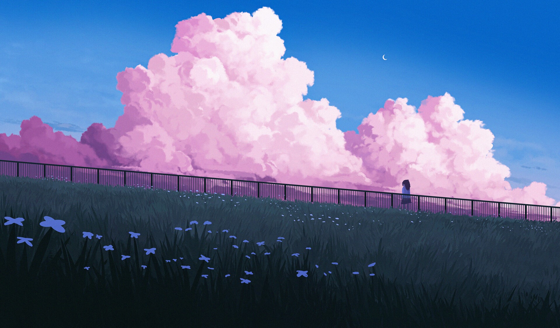 flowers, alone, Moon, digital art, clouds, pink HD Wallpaper