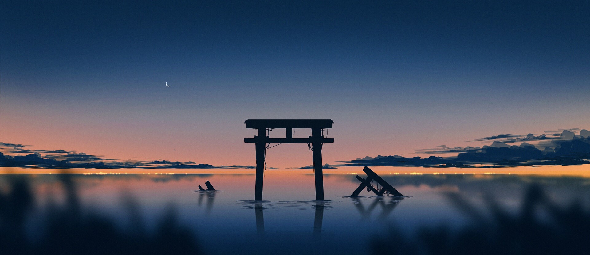 digital art, sky, torii, outdoors, Asian architecture, dark, ruins, Gavryl, water, Moon HD Wallpaper