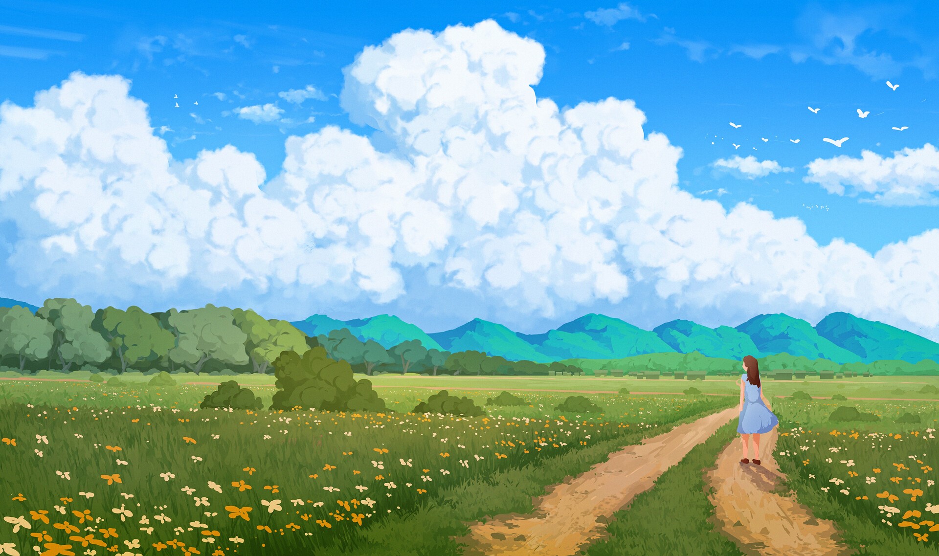 road, clouds, forest, mountains, birds, flowers, digital art, Gavryl HD Wallpaper