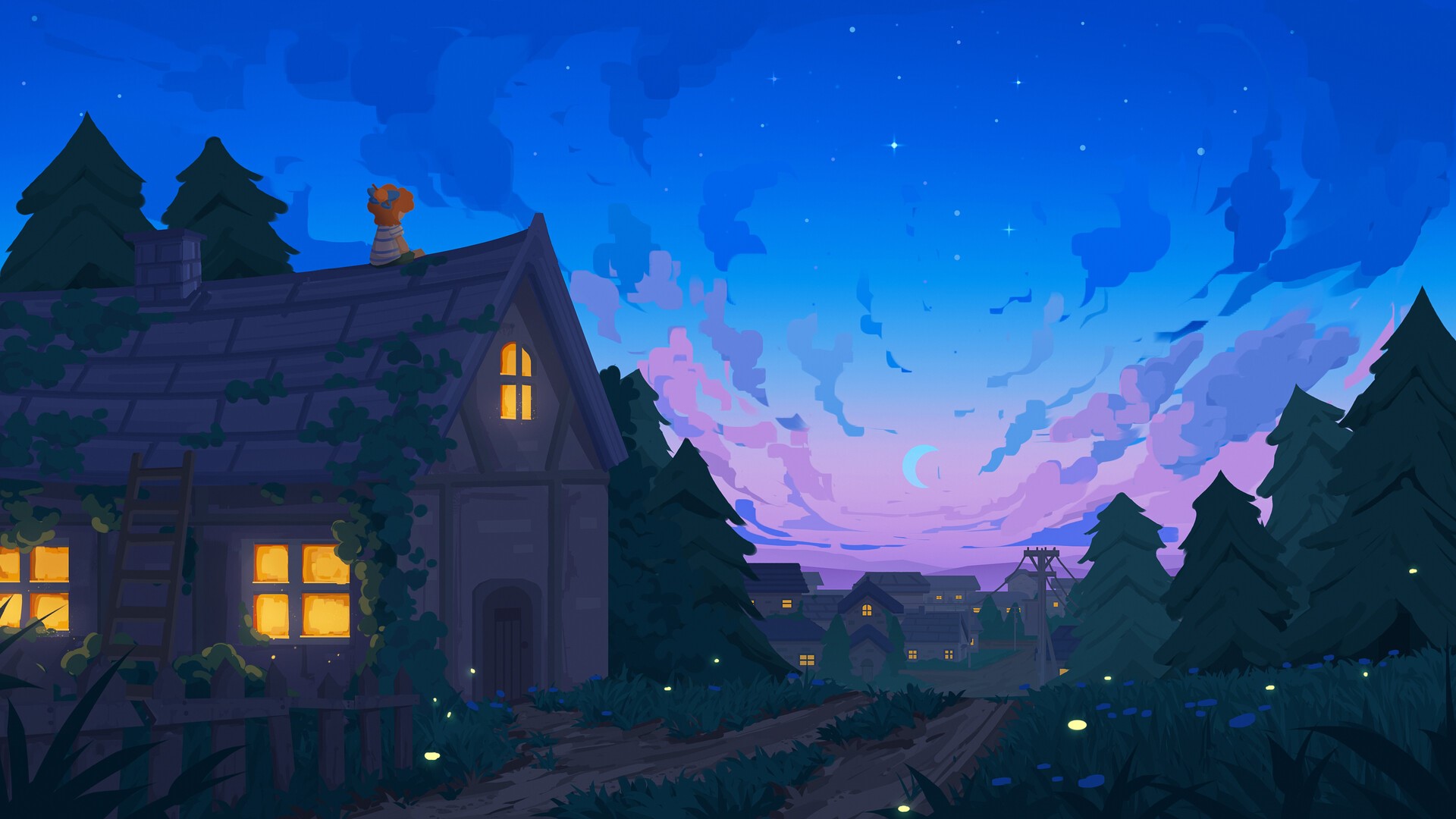 cottage, road, digital art, trees, clouds, ladder, Moon, redhead, Gavryl HD Wallpaper