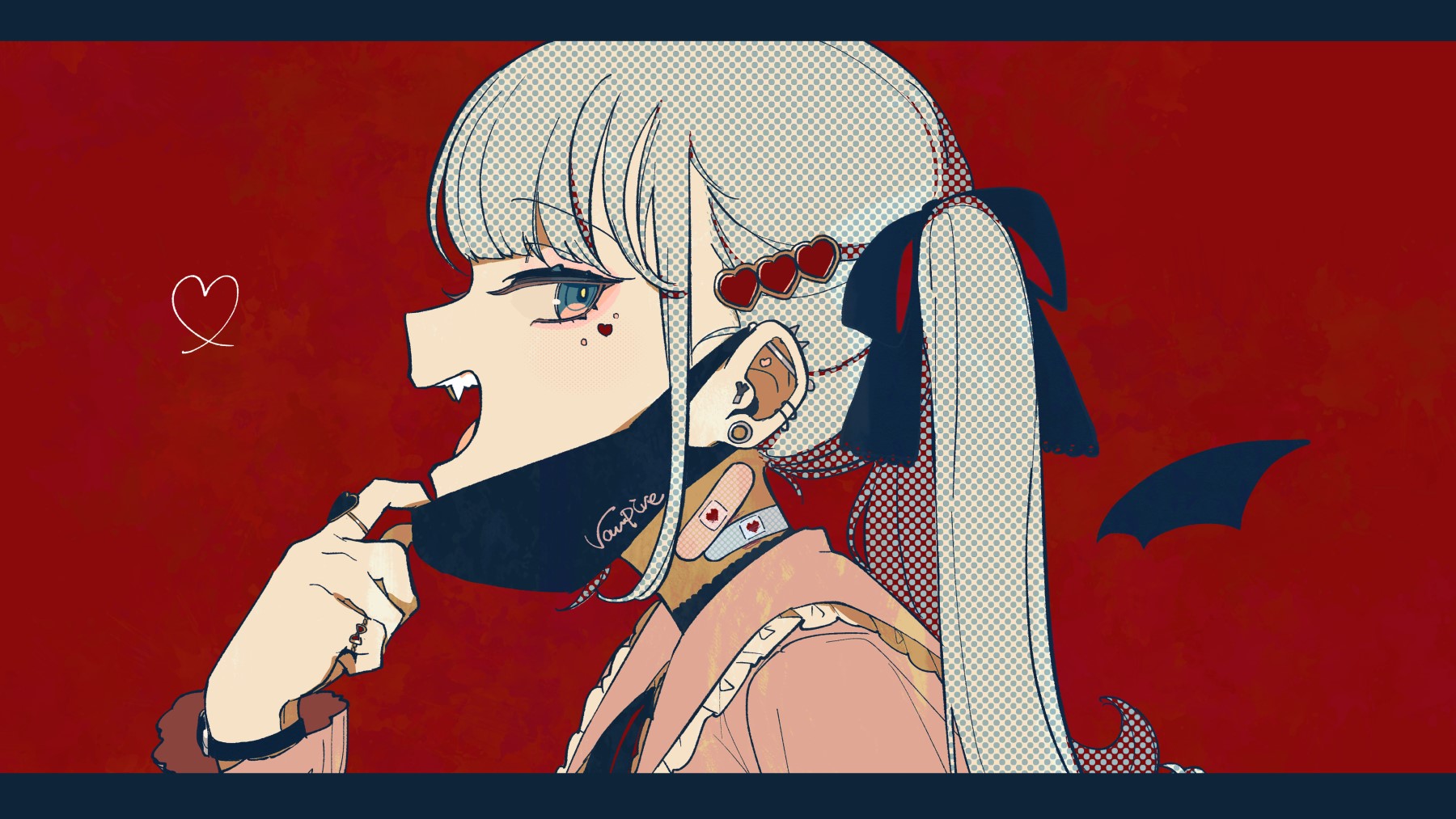 frills, Vocaloid, rings, twintails, artwork, blunt bangs, hair ornament, makeup, fan art, profile, red background, aqua hair, bat wings, looking at viewer, pink shirt, fangs, vampires, Hassan, dimple piercings, watch, Hatsune Miku, long hair, simple background, anime, black ribbons, 2D, Black wings, piercing, mask, Pink eyeshadow, side view, aqua eyes, solo, anime girls, open mouth HD Wallpaper