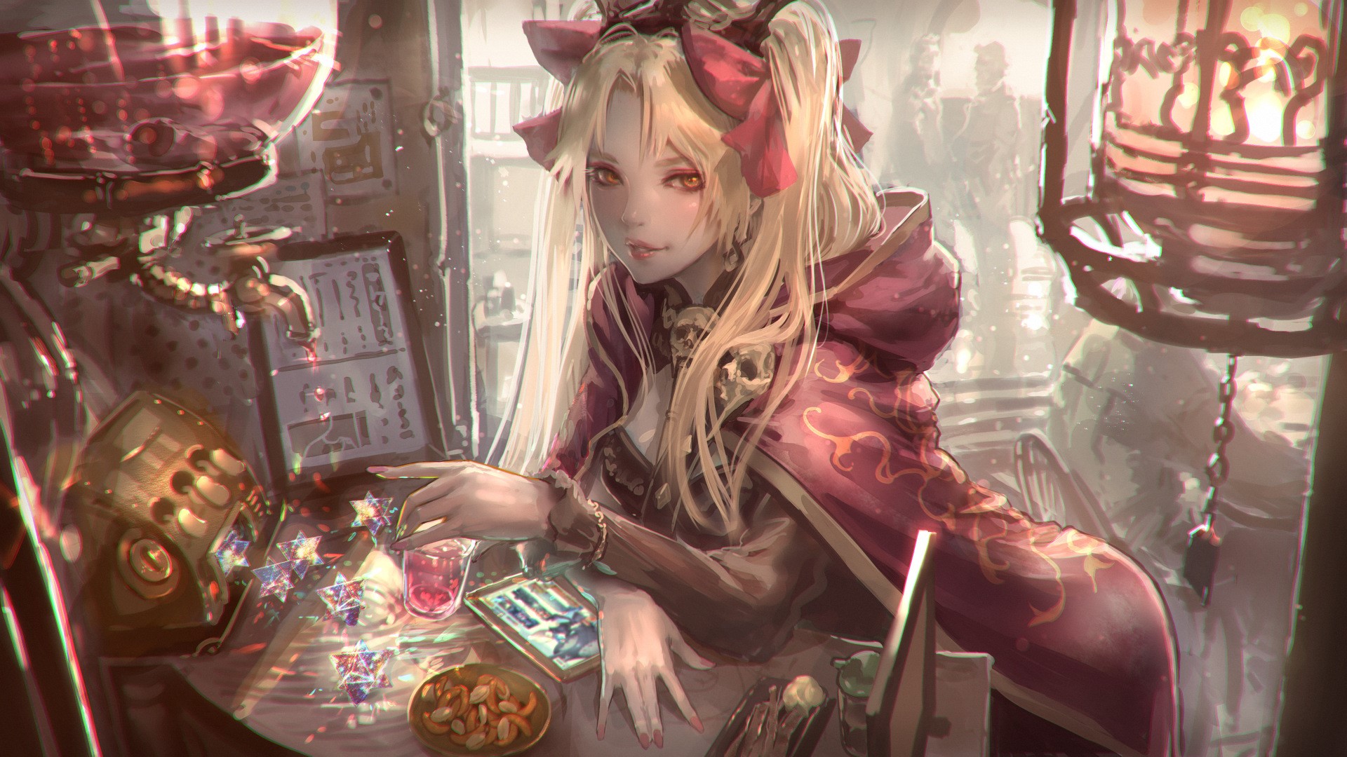 twintails, solo, Fate Series, orange eyes, arched back, 2D, long hair, Kaburagi Yasutaka, looking at viewer, artwork, Ereshkigal (Fate/Grand Order), red ribbons, jewelry, tiaras, hair ornament, Fate/Grand Order, skull, long sleeves, red lipstick, blonde, anime girls, fan art, anime, smile, long nails, pink nails, cape HD Wallpaper