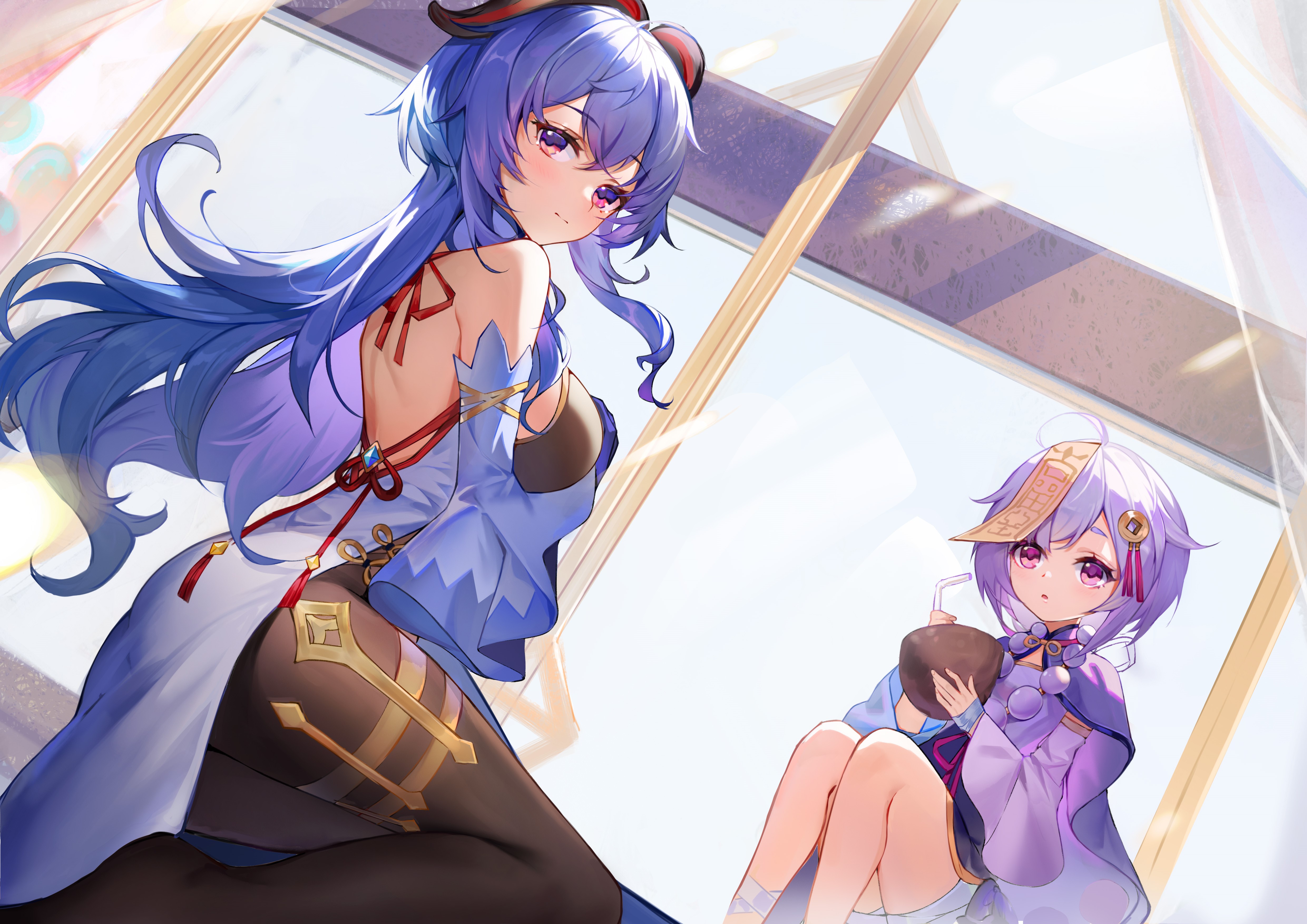 4K, anime girls, pantyhose, thighs, bare shoulders, Qiqi (Genshin Impact), bareback, Genshin Impact, sitting, Ganyu (Genshin Impact) HD Wallpaper