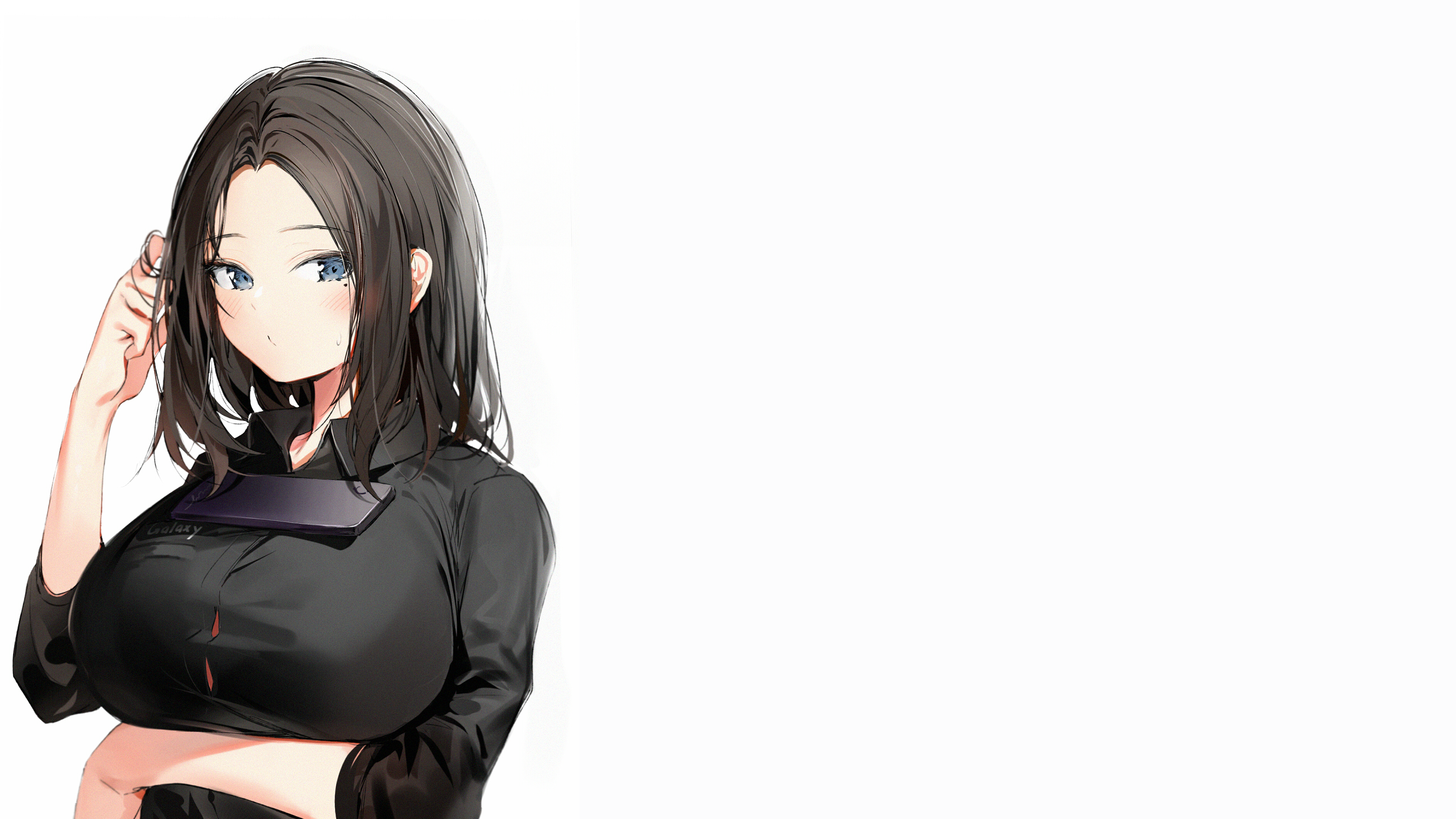  Samsung, blue eyes, smartphone, samantha samsung, shoulder length hair, anime girls, Silver (artist), artwork, black hair HD Wallpaper