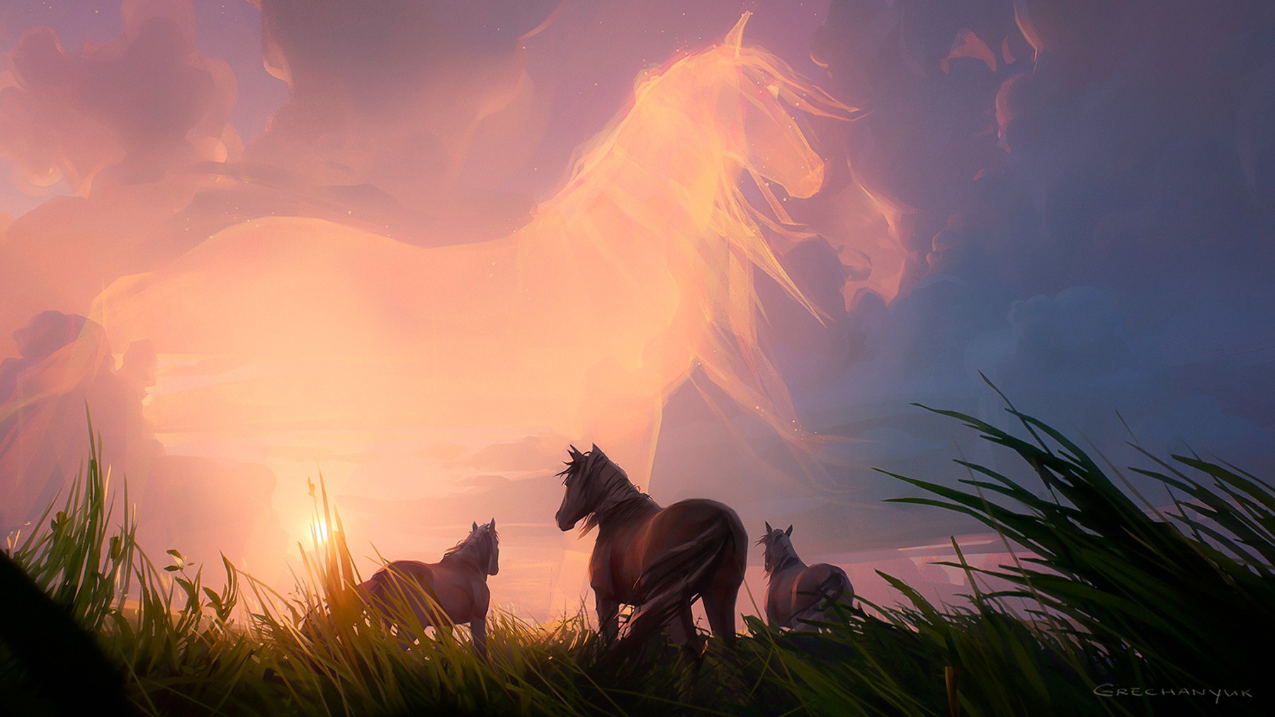 pink, digital art, Sergey Grechanyuk, fantasy art, Spirit, horse, clouds HD Wallpaper